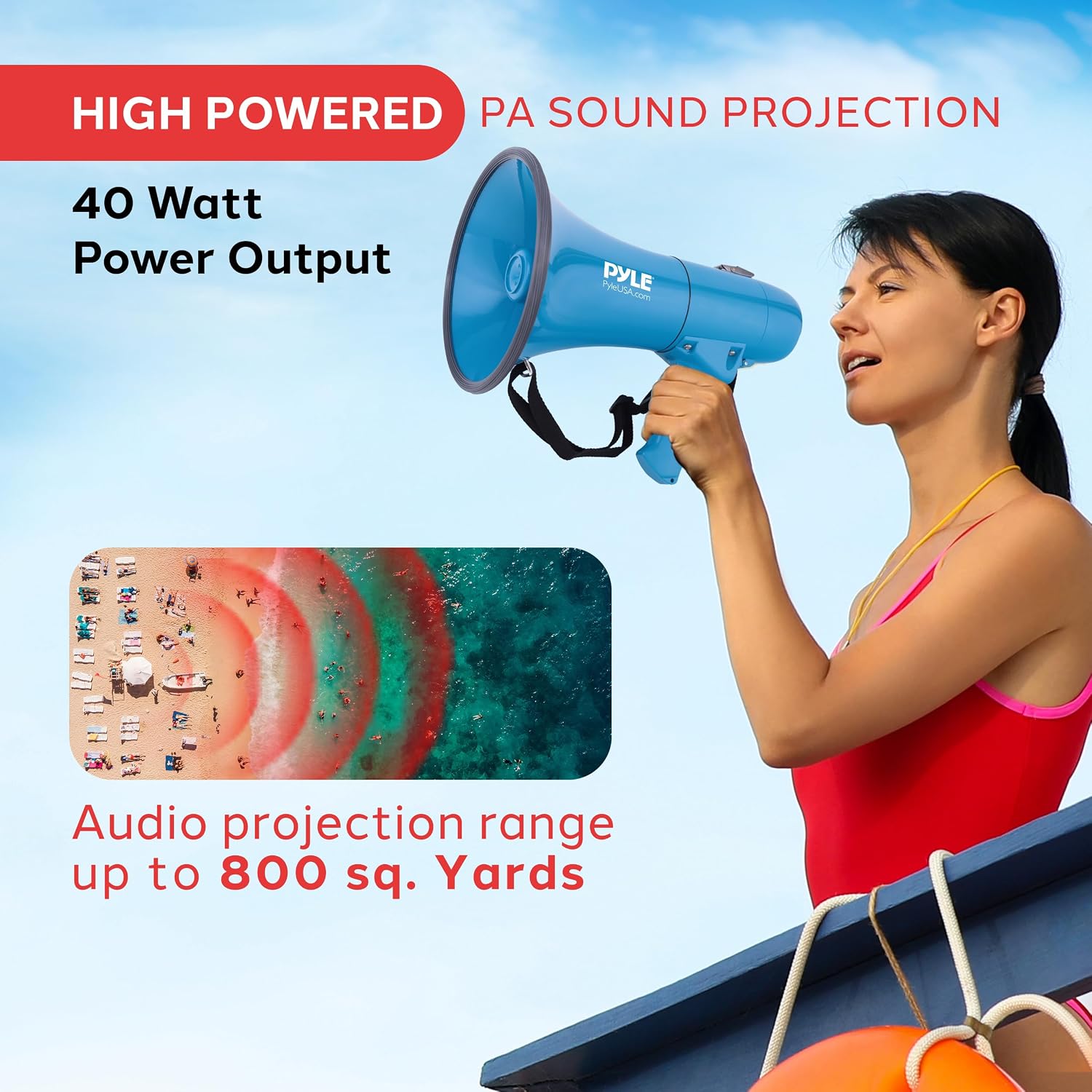 Portable Megaphone Bullhorn Speaker–50W Waterproof PA Loudspeaker with Built-In Siren, Adjustable Volume & Tone