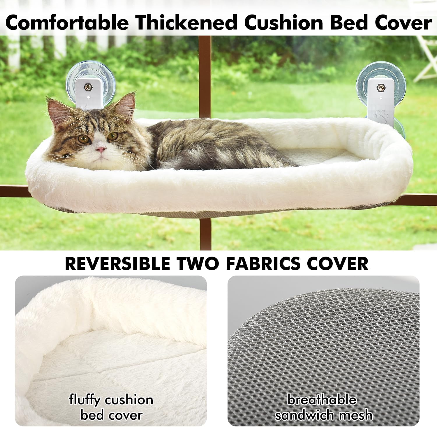 Cordless Cat Window Perch, Window Hammock for Cats with 4 Strong Suction Cups, Solid Metal Frame and Soft Cover