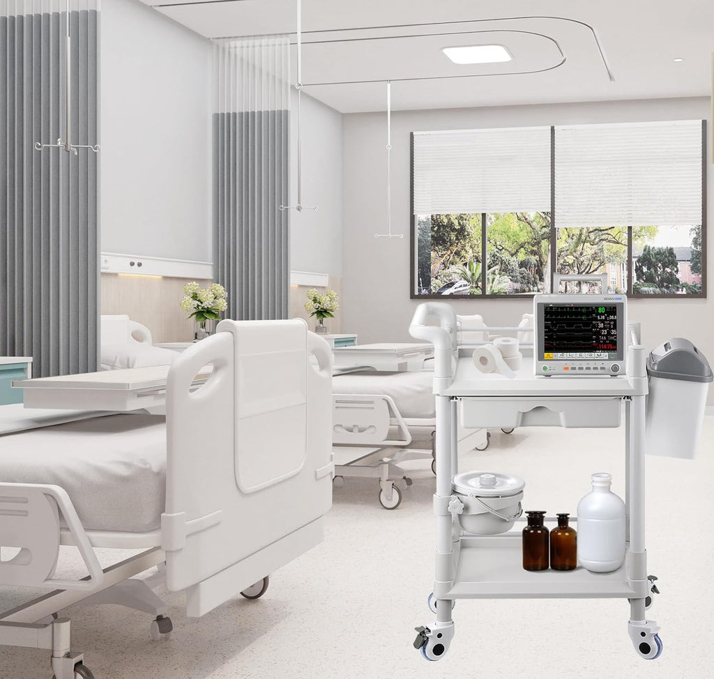 MT01 2 Tier Mobile Medical Cart Trolley with Drawer, Trash Cans, Waste Bowl | Beauty Salon Rolling Trolley with 360°