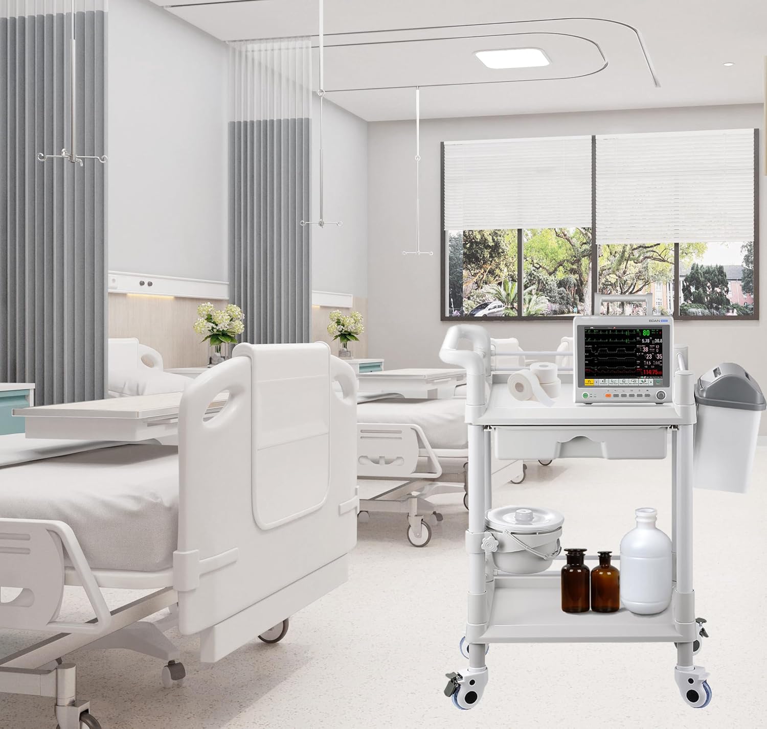 MT01 2 Tier Mobile Medical Cart Trolley with Drawer, Trash Cans, Waste Bowl | Beauty Salon Rolling Trolley with 360°