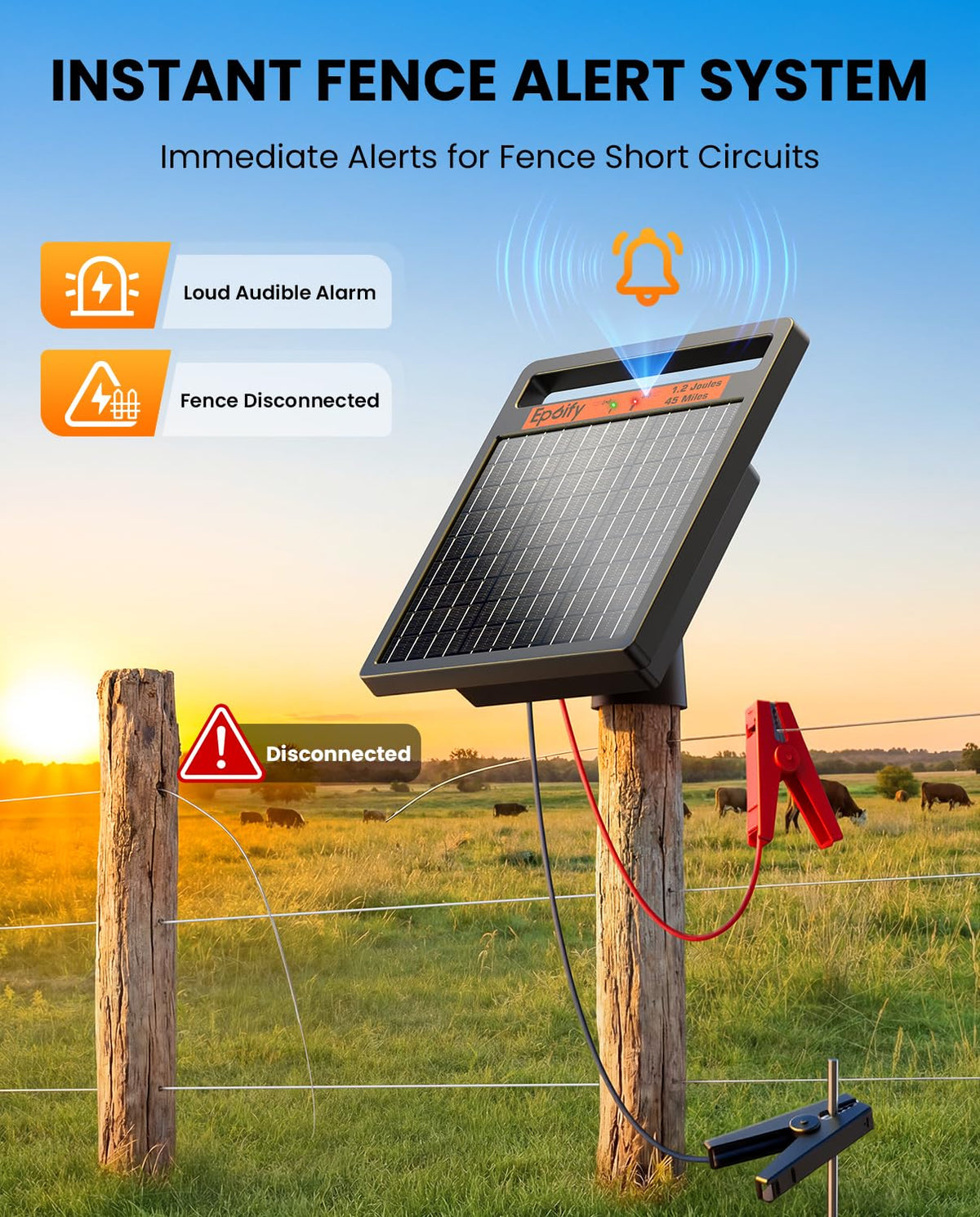 Solar Electric Fence Charger LD02, 1.2J with Short Circuit Alarm | 8W High-Efficiency Solar Panel • Solar + AC Backup