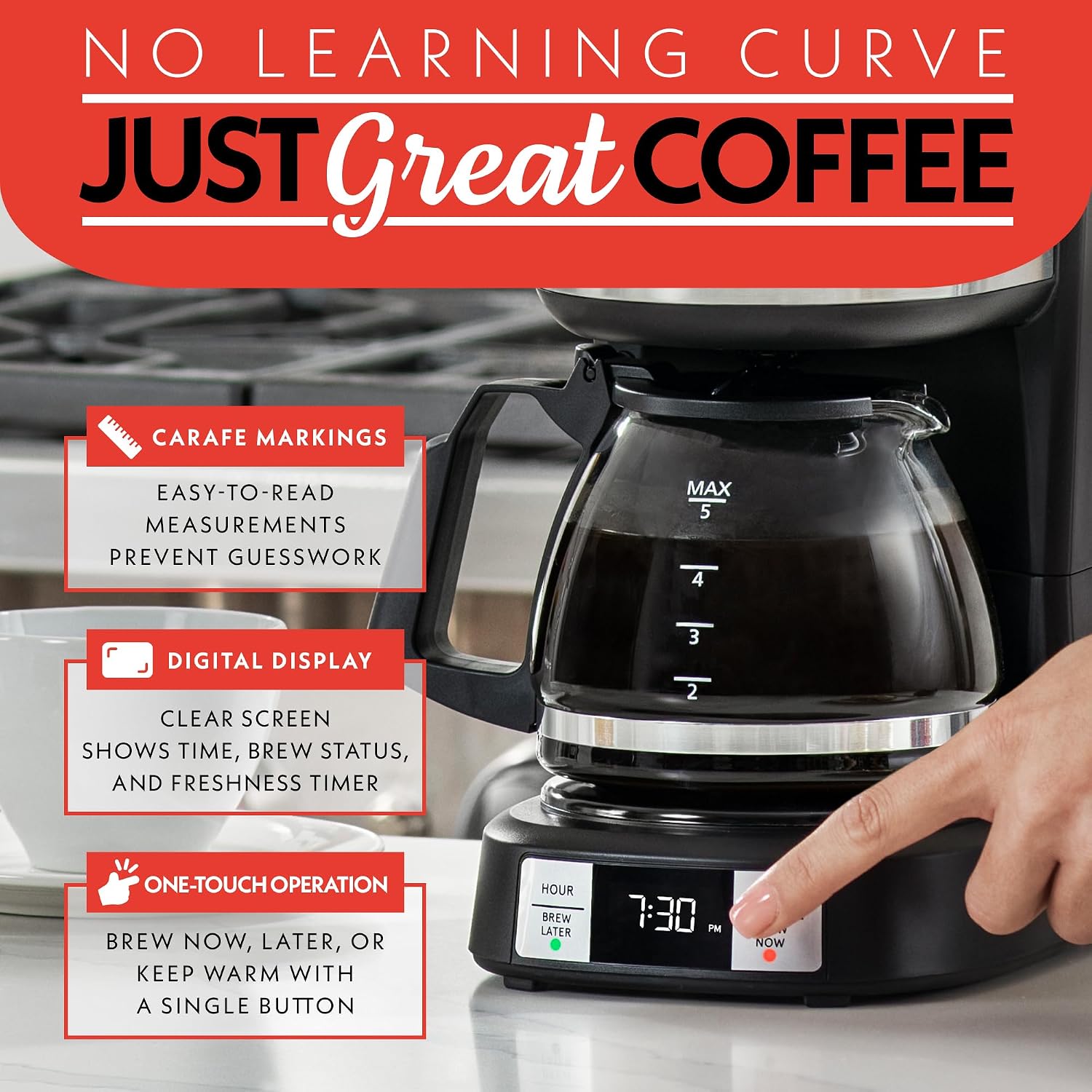 Drip Coffee Maker – 5 Cup, One-Touch Brew, Pause & Serve, Adjustable 4 Hr Keep Warm, EZ-View Water Window, Black