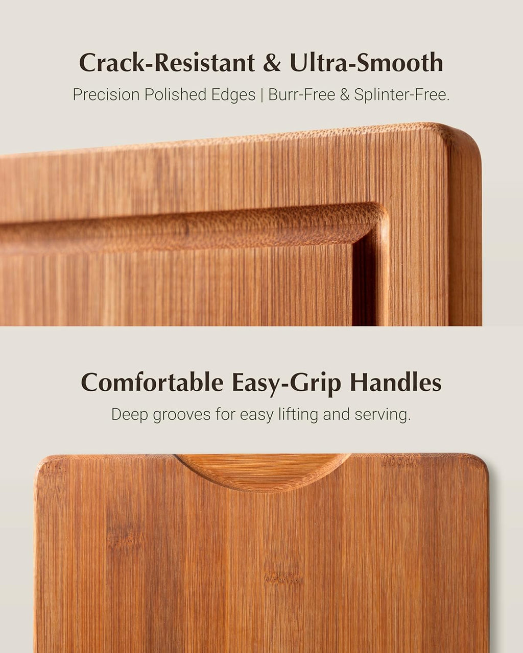 Deep-Carbonized Bamboo Cutting Board Set for Kitchen with Wood Storage Stand, Deep Juice Grooves, Easy-Grip Handles &