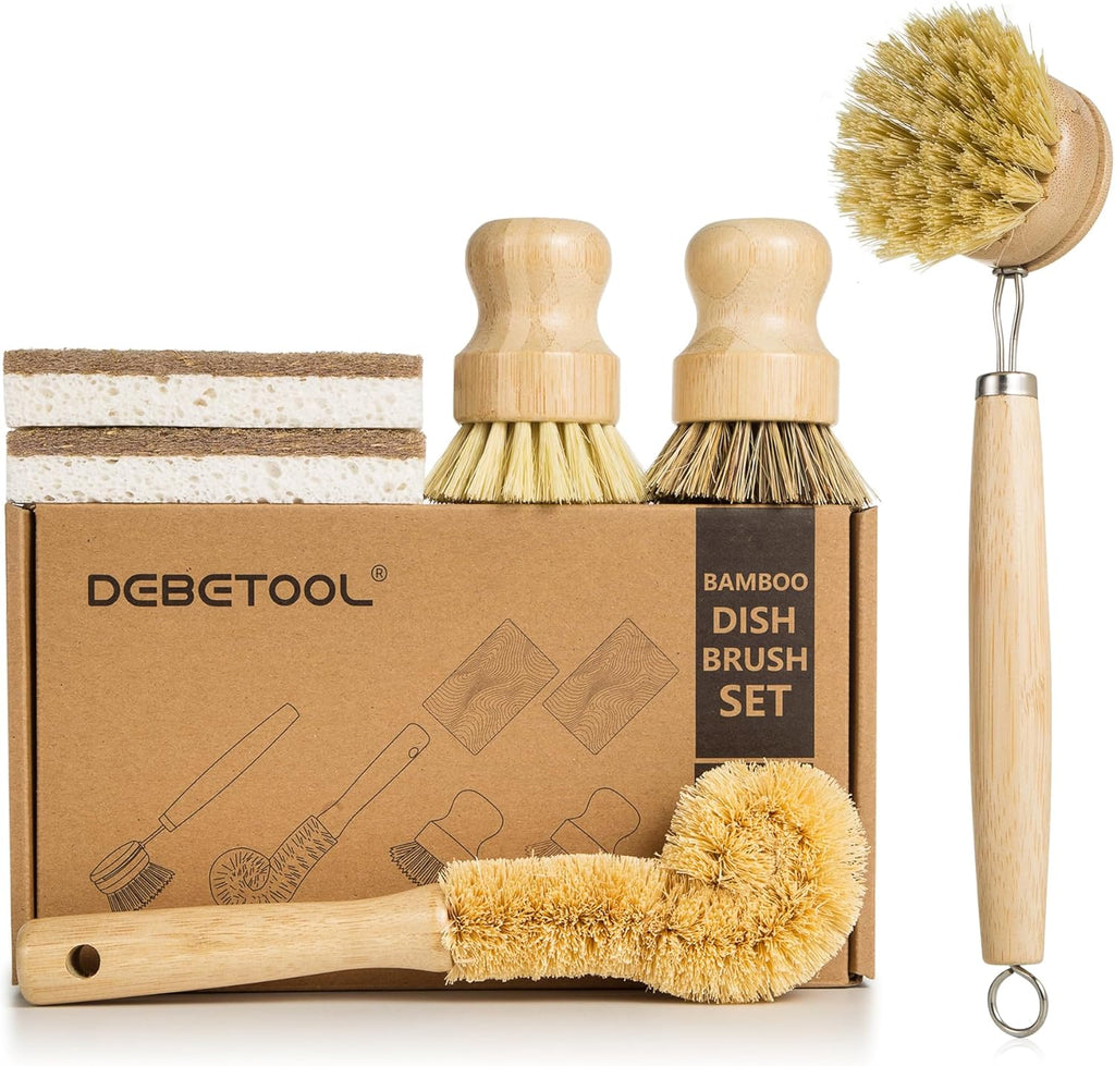 6 Piece Bamboo Dish Brush Set with Coconut Sponge - Wooden Dish Brush with Sisal and Palm Fiber, Natural Bamboo Dish