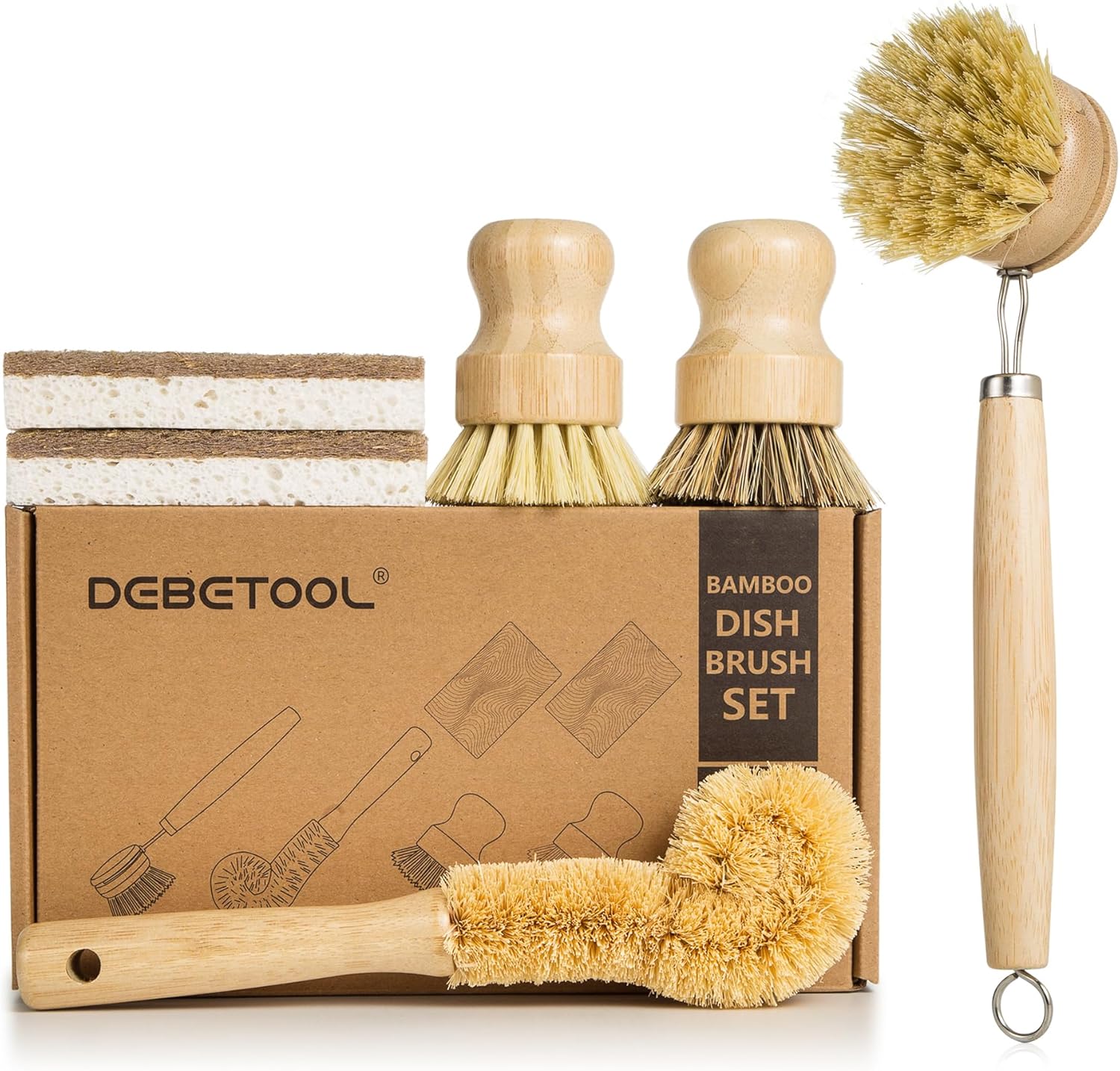 6 Piece Bamboo Dish Brush Set with Coconut Sponge - Wooden Dish Brush with Sisal and Palm Fiber, Natural Bamboo Dish