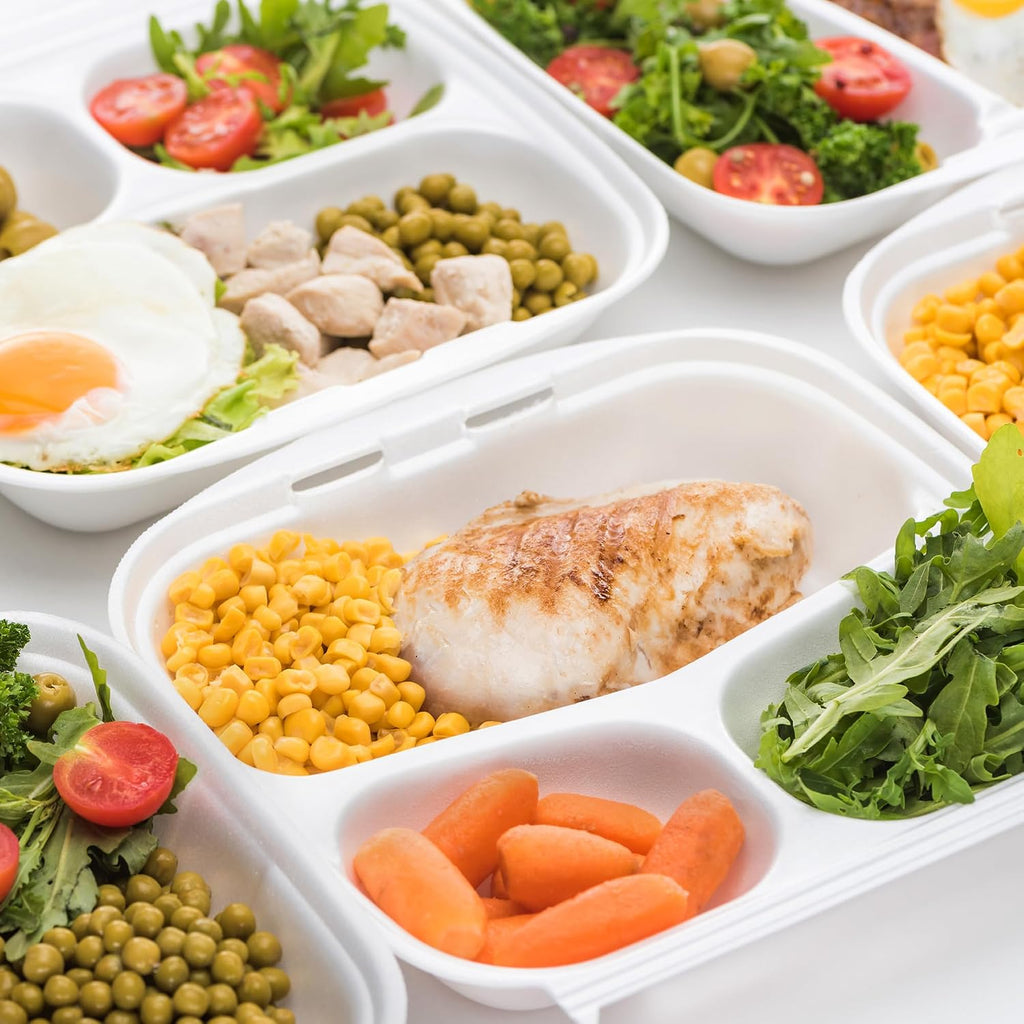 Compostable Clamshell Food Containers [8x8"] 3-Compartment 50-Pack, Disposable Containers, Biodegradable Sugarcane to