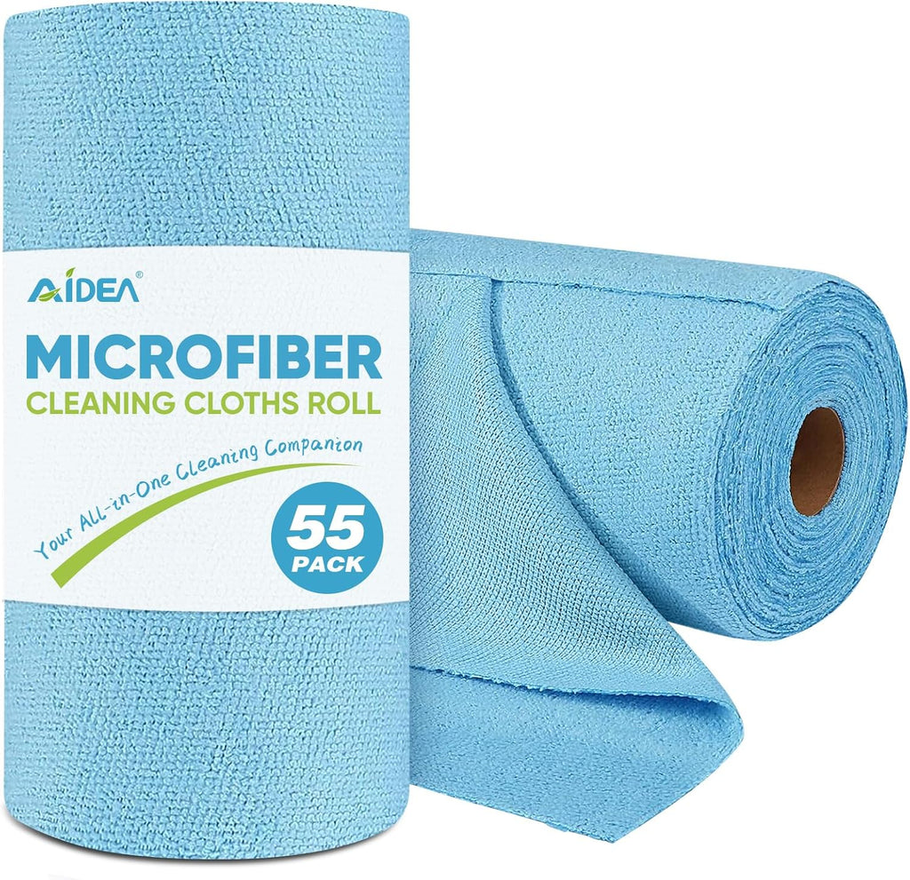 Microfiber Cleaning Cloth Roll, Blue Shop Towels 55 Sheets Washable, Microfiber Towels for Cars, Blue Rags Reusable