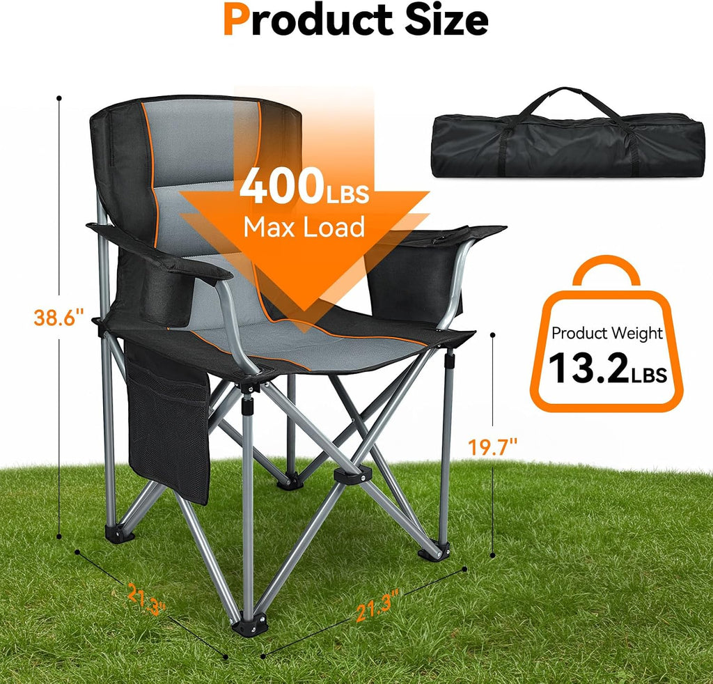 Camping Chairs, 2 Pack Oversized Heavy Duty Fully Padded Folding Chairs | with Cup Holder, Cooler Bag and Side