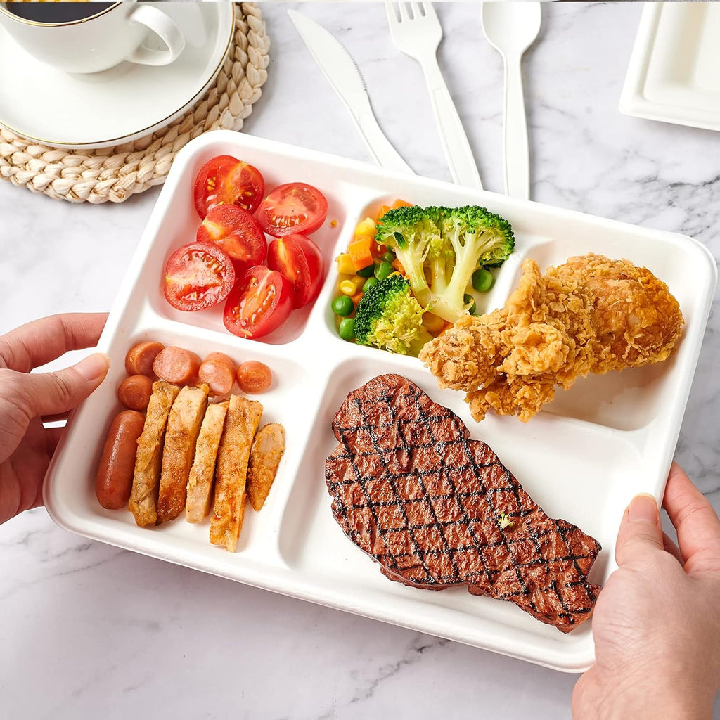 Compostable Disposable 5 Compartment Paper Plates, 10.25inch