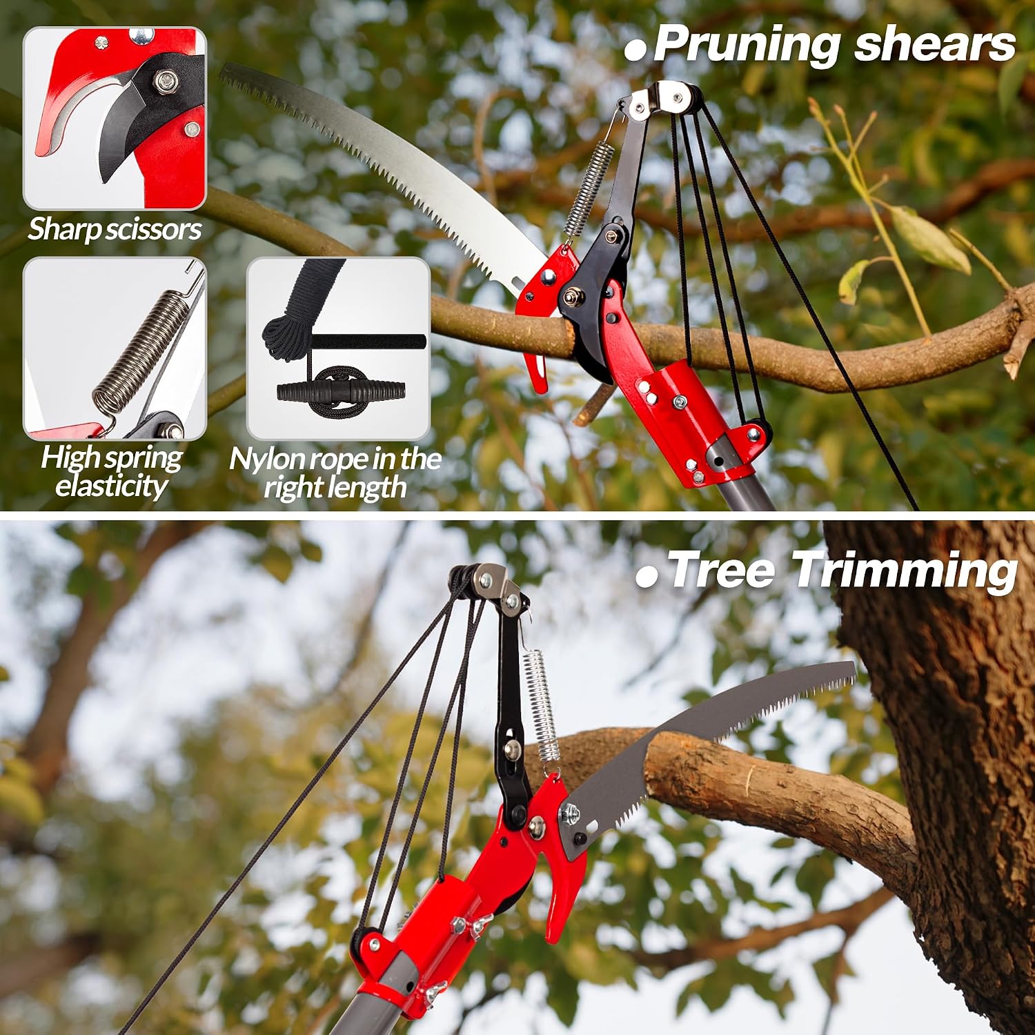 Pole Saw for Tree Trimming, 2-in-1 Tree Pruner with Saw & Pruning Scissors, 14FT Tree Trimmer, Quadruple Pulley