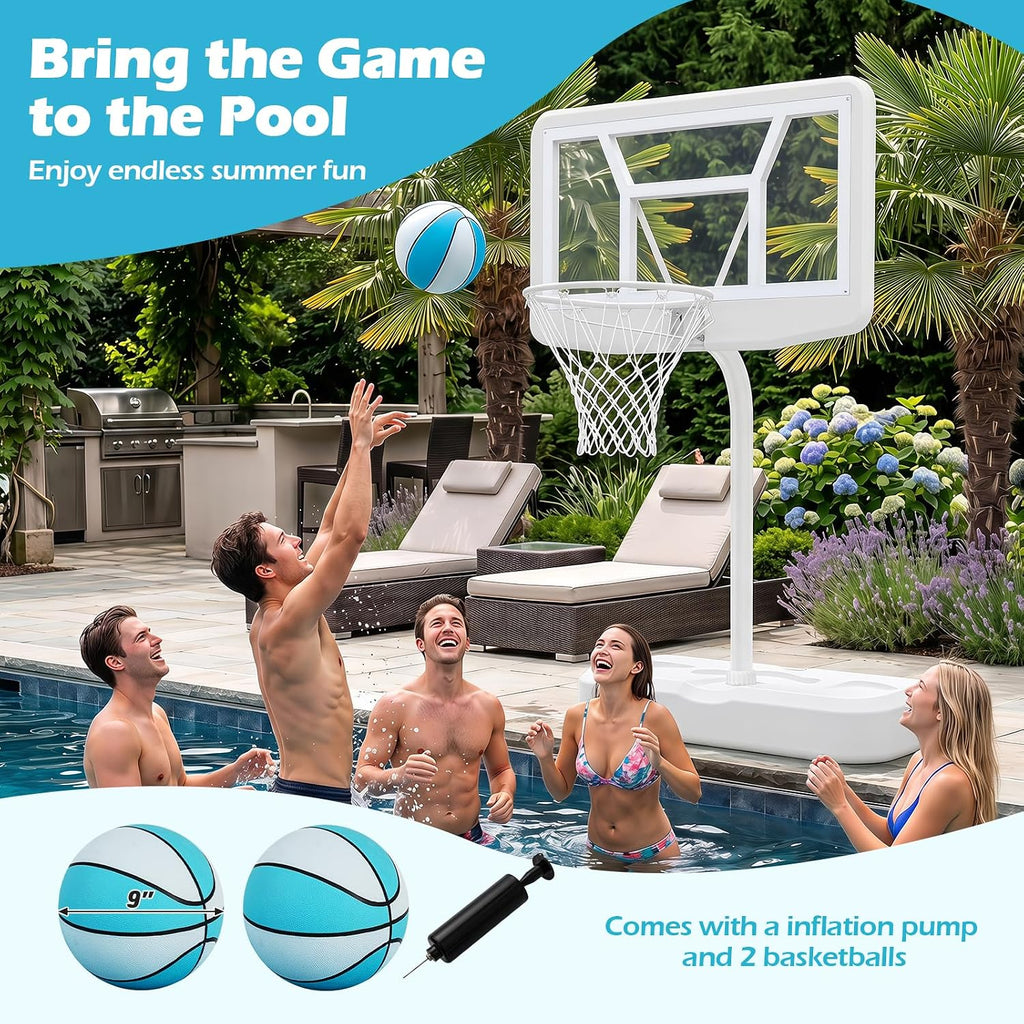 Pool Basketball Hoop w/42'' PC Backboard, 2 Balls, Pump | Shatterproof Outdoor Swimming Poolside Basketball Goal