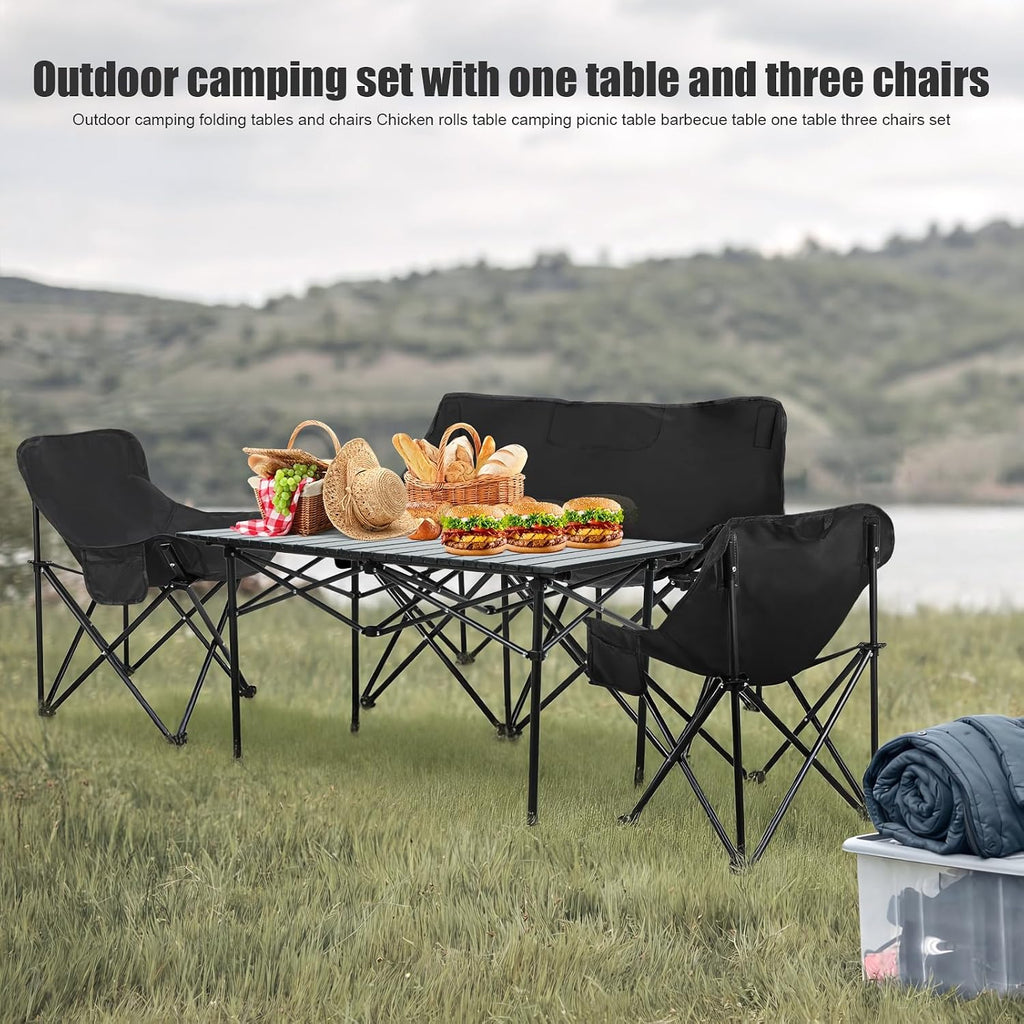 4-Piece Folding Table & Chair Set - Includes 1 Table | 1 Double & 2 Single Moon Chairs, Portable Heavy Duty for