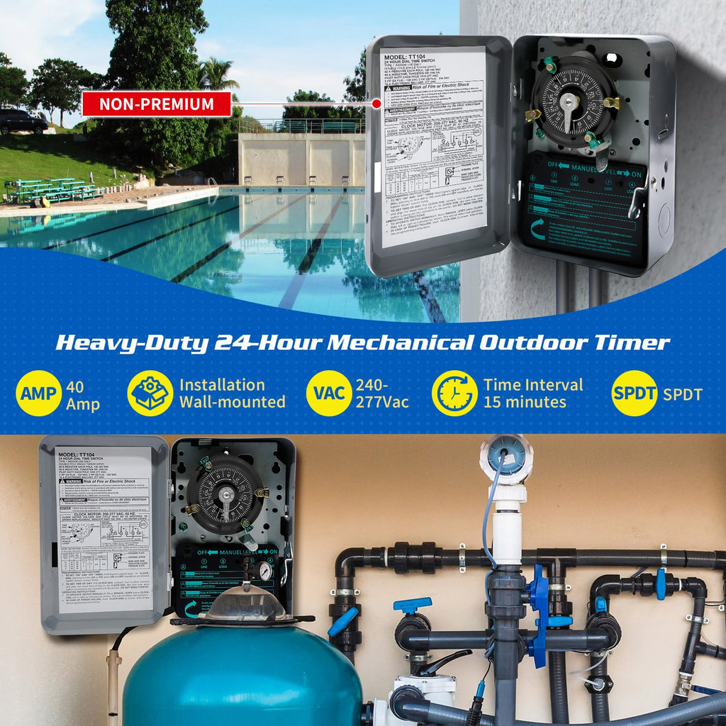 T104 Mechanical Timer Switch, Heavy Duty Electromechanical Outdoor Timer