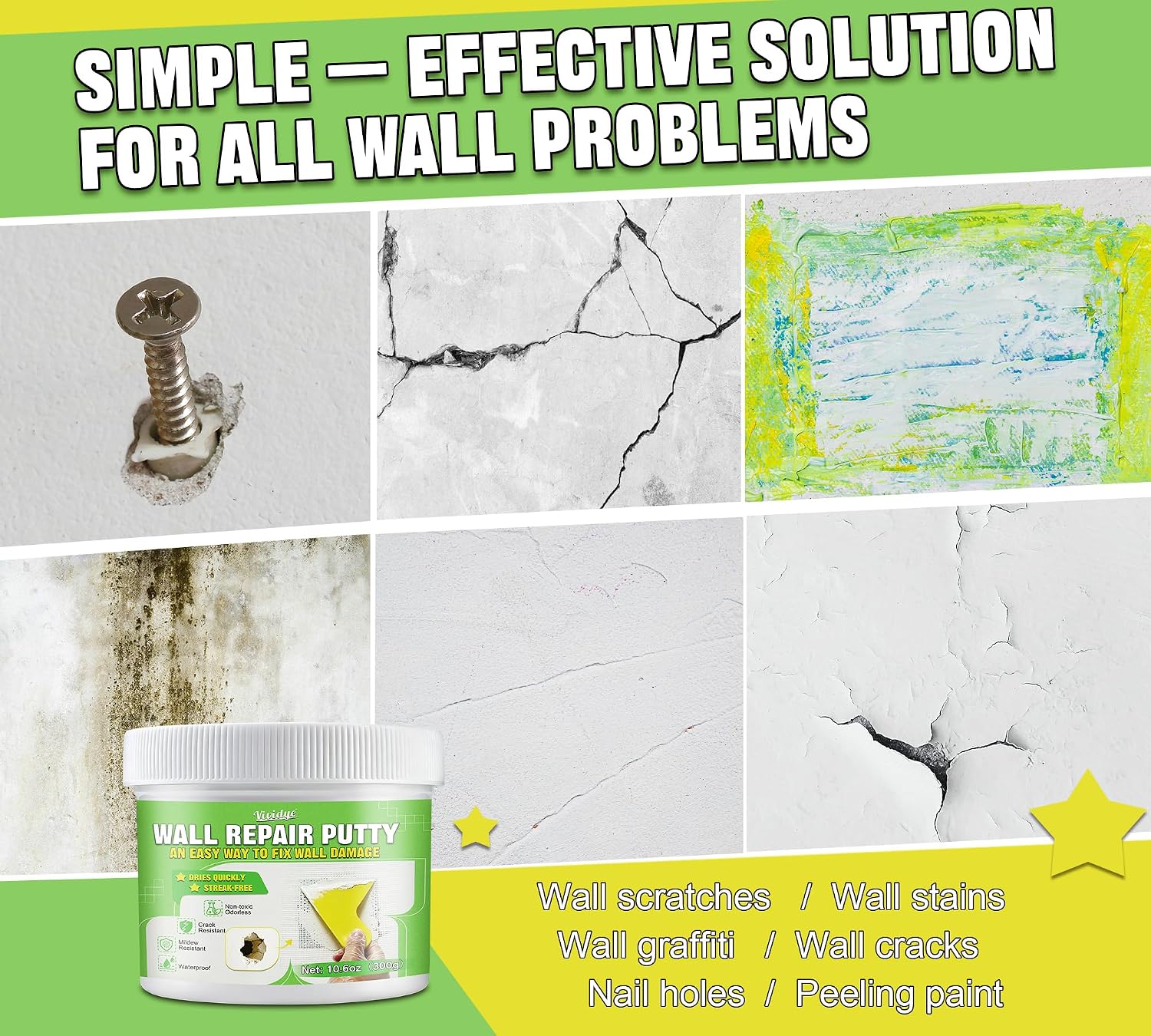 Drywall Repair Kit, Spackle Paste with Patches & Tools for Wall Hole Fix | 10.6oz Wall mending agent for drywall