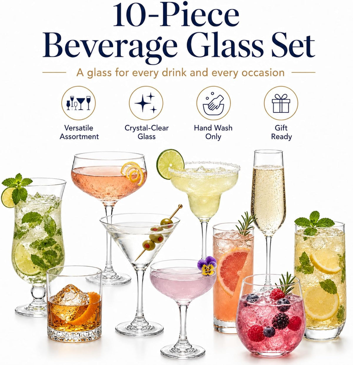 10 Set Cocktail Glasses Mixed Drinkware,10-piece Complete Set