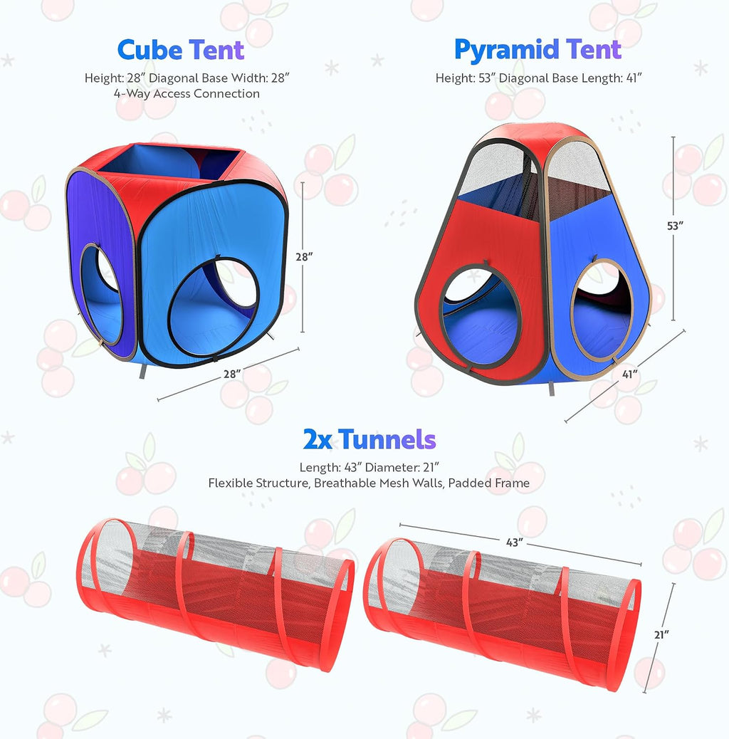 4pc Pop Up Play Tent and Tunnel Bundle for Toddlers and Kids - Indoor & Outdoor Playhouse with Storage Bag, Red & Blue