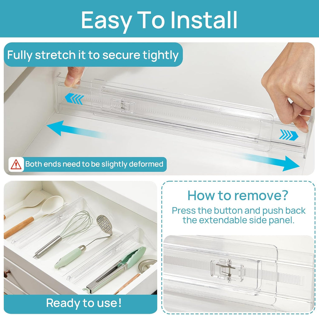 8 Pack Shallow Drawer Dividers, 2.36" High 12.5"-20.8" Adjustable Expandable Kitchen Drawer Organizer, Clear Plastic