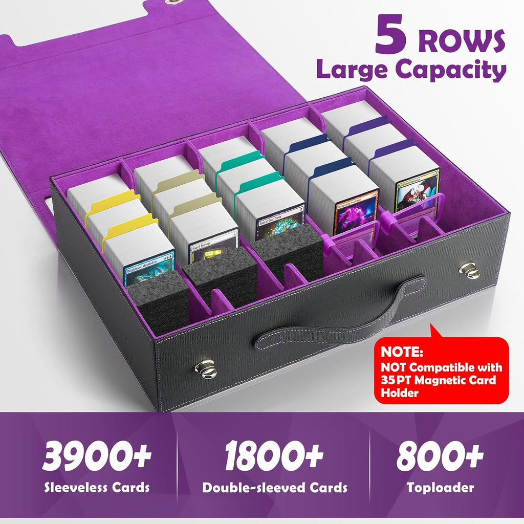 5-Row Trading Card Storage Box with Handle and Commander Display, 3900+ Card Case Includes 5 Top Loaders, 5 Stoppers