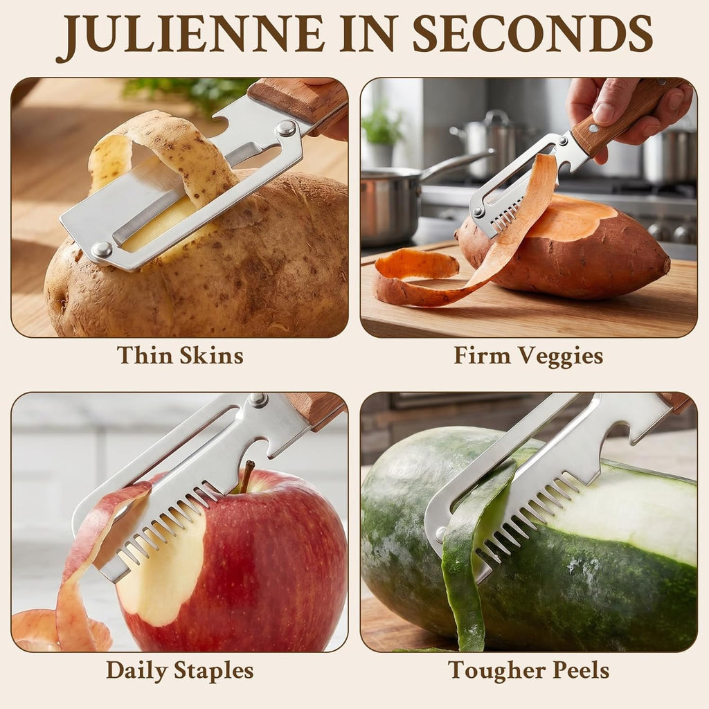 2026 Upgrade Vegetable Peeler and Julienne Peeler Set, Stainless Steel Vegetable Peelers for Kitchen with Wood