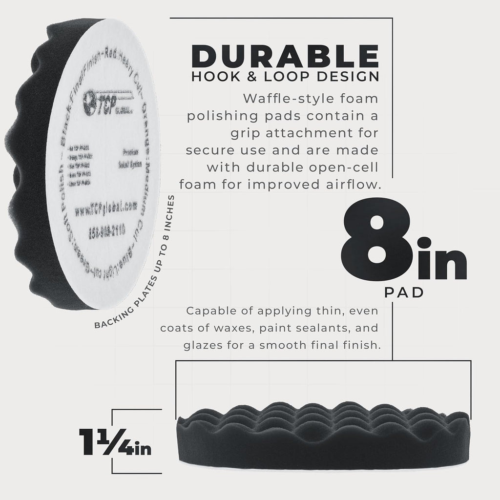 8" Black Waffle Foam Buffing Pad, Extra Fine Cut Polish | Hook & Loop Backing - Buffing Pad for Automotive, Marine