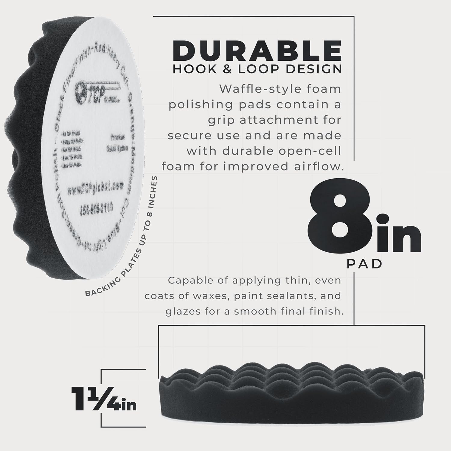 8" Black Waffle Foam Buffing Pad, Extra Fine Cut Polish | Hook & Loop Backing - Buffing Pad for Automotive, Marine