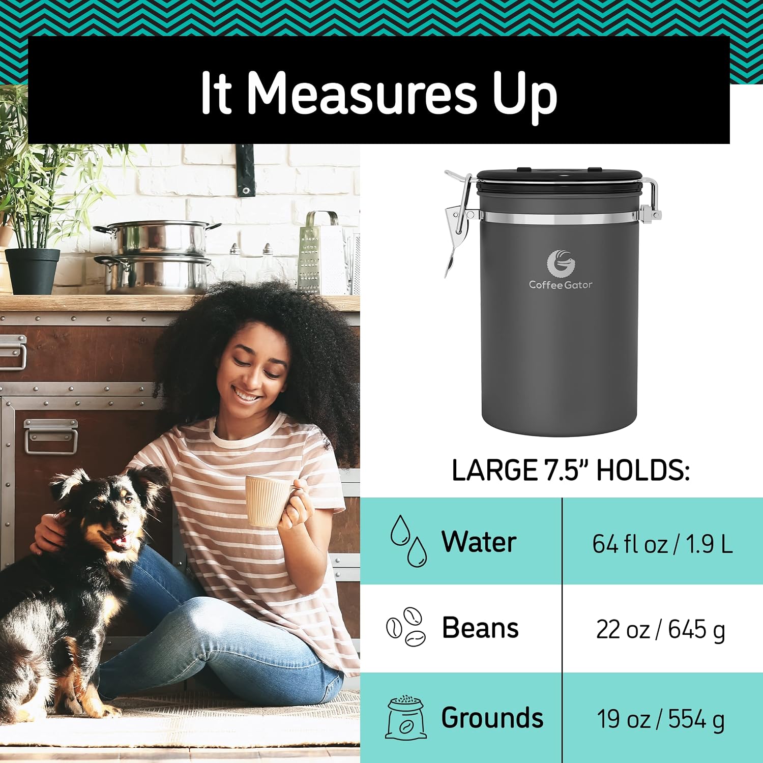 Coffee Canister - 22oz, Airtight Stainless Steel Kitchen Food Storage Container with Date Tracker, Scoop for Grounds