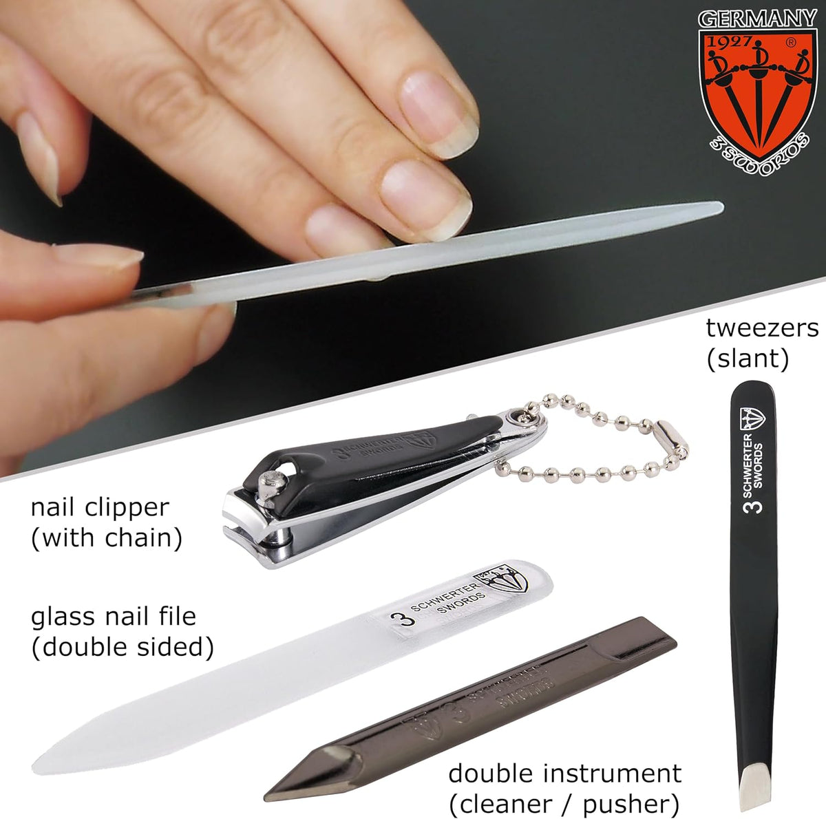 3 Swords Germany - Brand Quality 6 piece Manicure Pedicure Grooming kit Set - Scissors, Metal and Glass Nail File