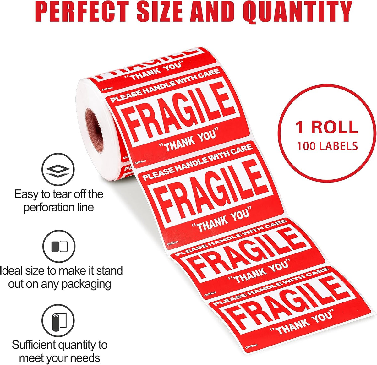 3 x 2 Inch – 100 Fragile Stickers for Shipping & Moving – Easy Tear, Permanent Adhesive, Handle with Care Stickers