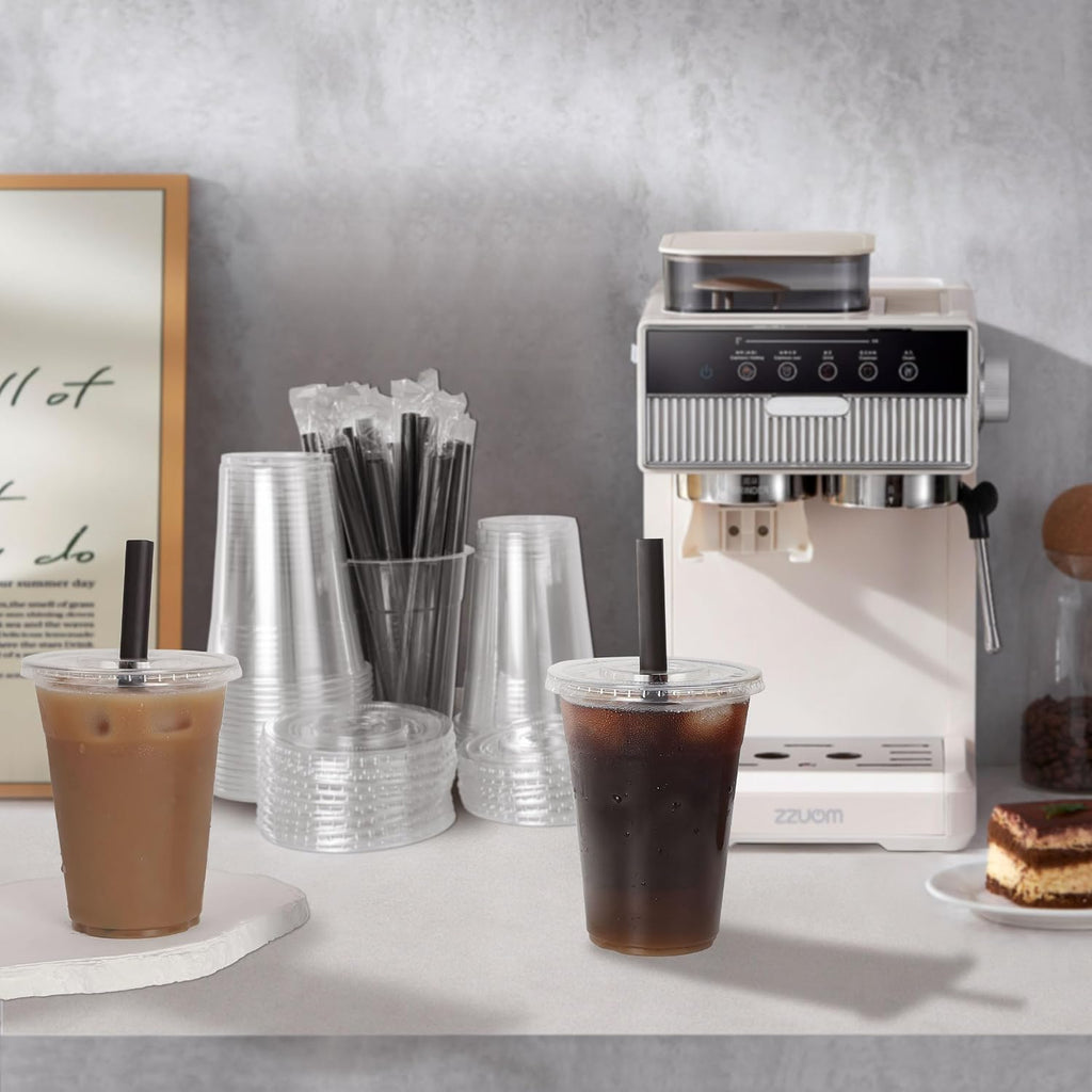 16oz Disposable Clear Plastic Cups with Lids & Straws