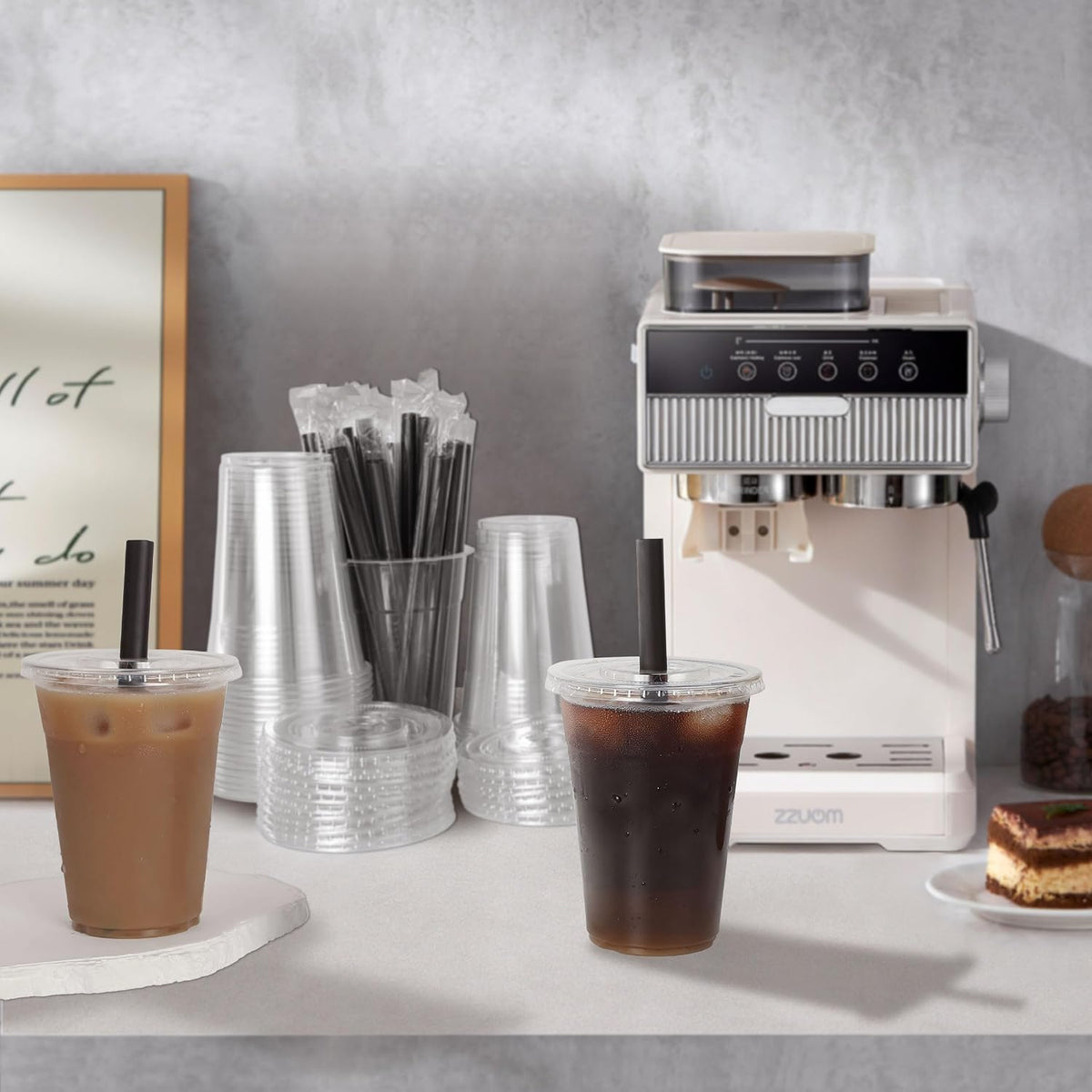 16oz Disposable Clear Plastic Cups with Lids & Straws