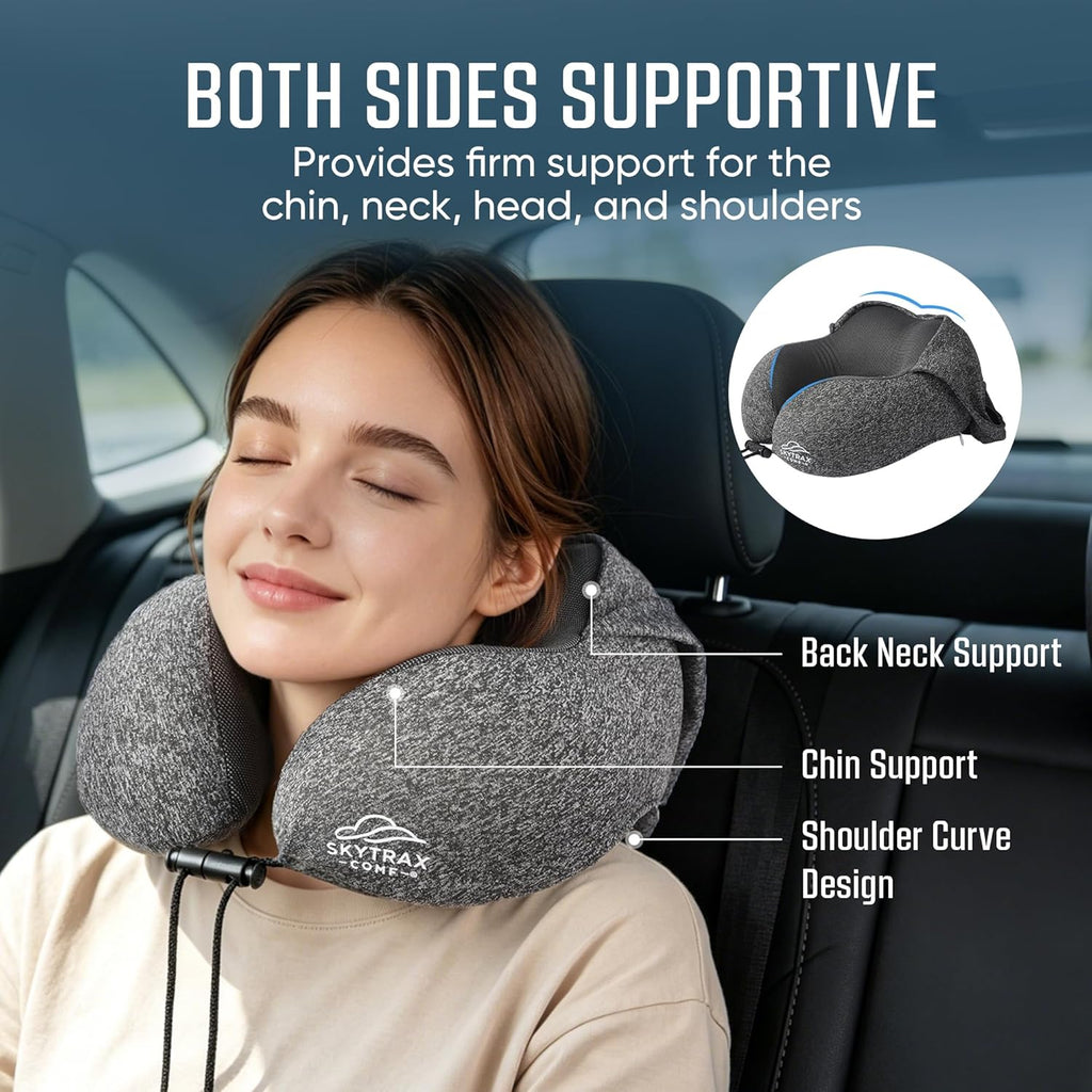 SkytraxComf Travel Neck Pillow with Hood for Privacy on Long Flights | Memory Foam | Airplane Sleep | Safety-Tested