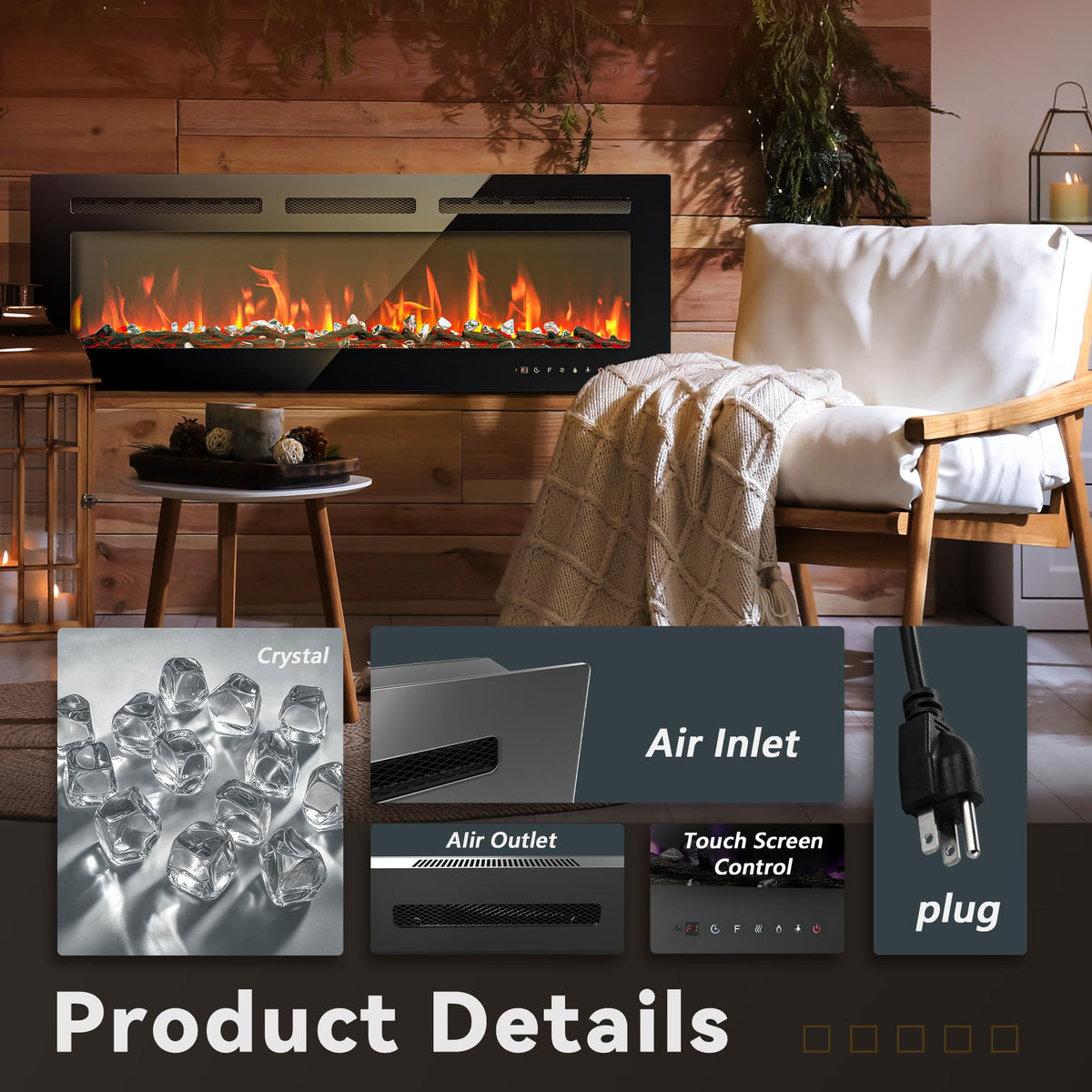 50 Inch Electric Fireplace Recessed and Wall Mounted
