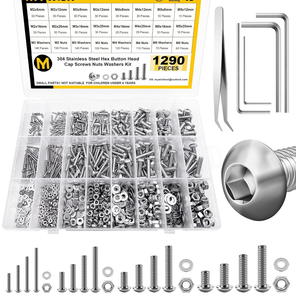 1290 Pieces M2 M3 M4 M5 Screw Nuts and Bolts Assortment Kit, Metric Screws 304 Stainless Steel Button Head Socket Cap