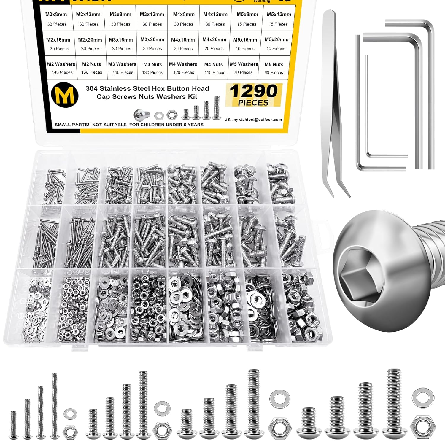 1290 Pieces M2 M3 M4 M5 Screw Nuts and Bolts Assortment Kit, Metric Screws 304 Stainless Steel Button Head Socket Cap