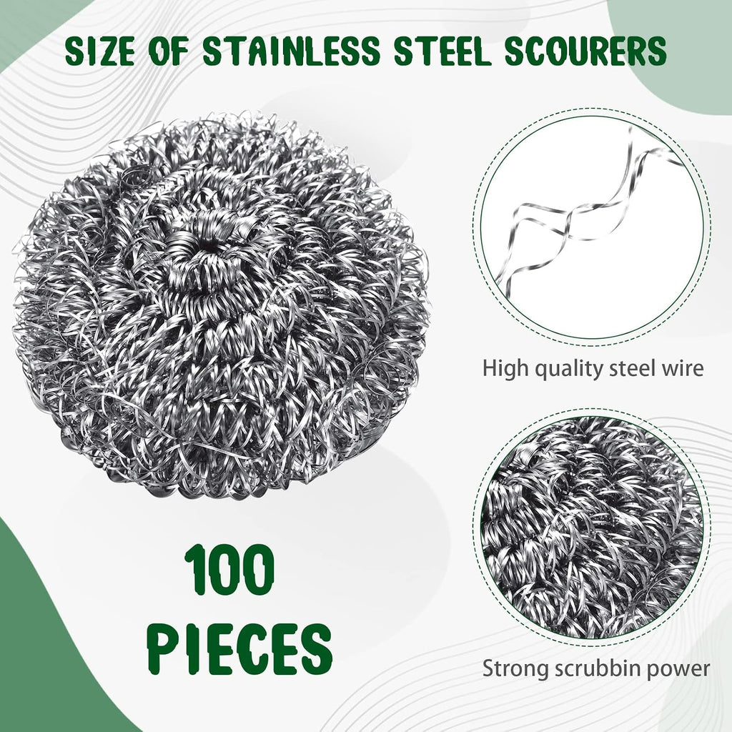 100 Pack Stainless Steel Scrubber Steel Wool Scouring Pads, Silver