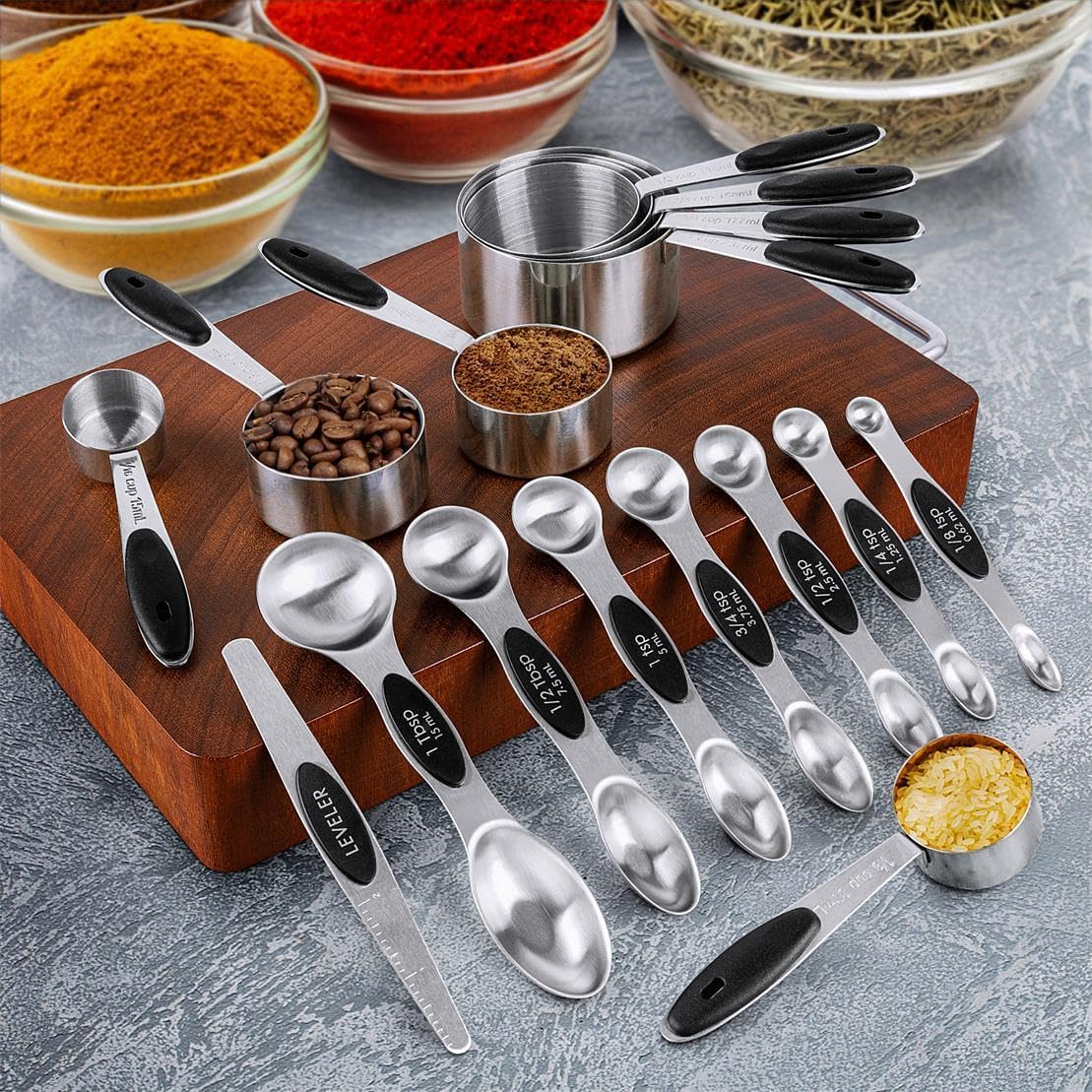 Measuring Cups & Spoons Set of 16, BOBIPRO Stainless Steel 8 Nesting Measure Cups Set & 7 double-sided Magnetic