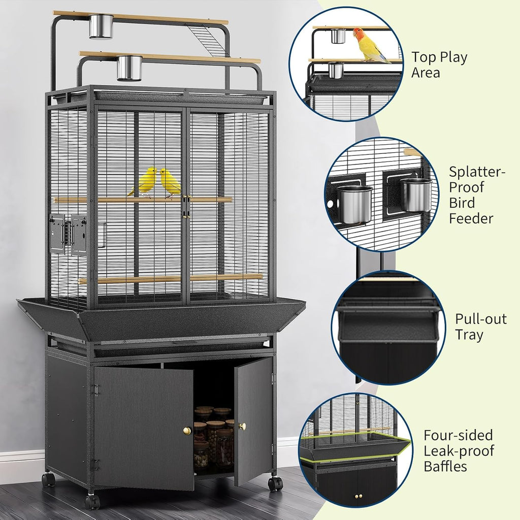 Extra Large Bird Cage with Play Top & Storage Cabinet, 71'' H | Corner Flight Birdcage for Parrot, Budgie, Conure