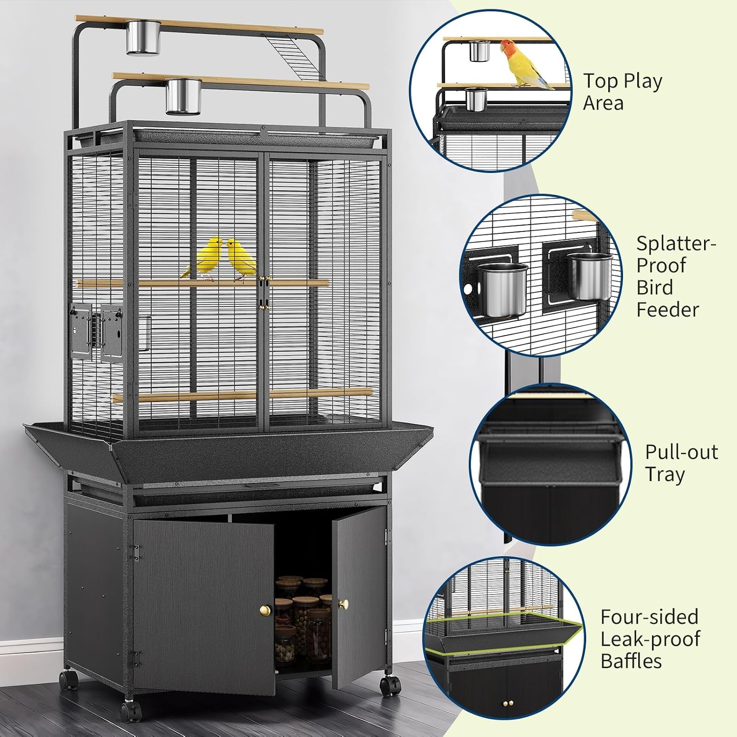 Extra Large Bird Cage with Play Top & Storage Cabinet, 71'' H | Corner Flight Birdcage for Parrot, Budgie, Conure