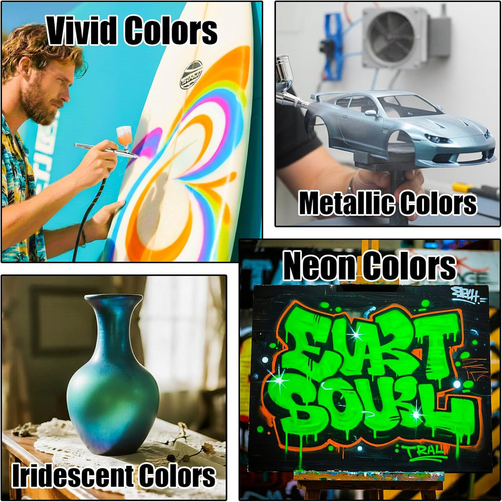 Airbrush Paint, 48 Colors (1 fl oz) with 4 Thinner & 2 Primer | Ready to Spray Water-Based Metallic & Neon &