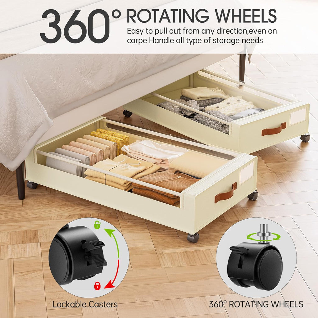 Under Bed Storage with Wheels, 2 Pack Under Bed Storage Containers, 60L Underbed Shoe Storage with Clear Window &