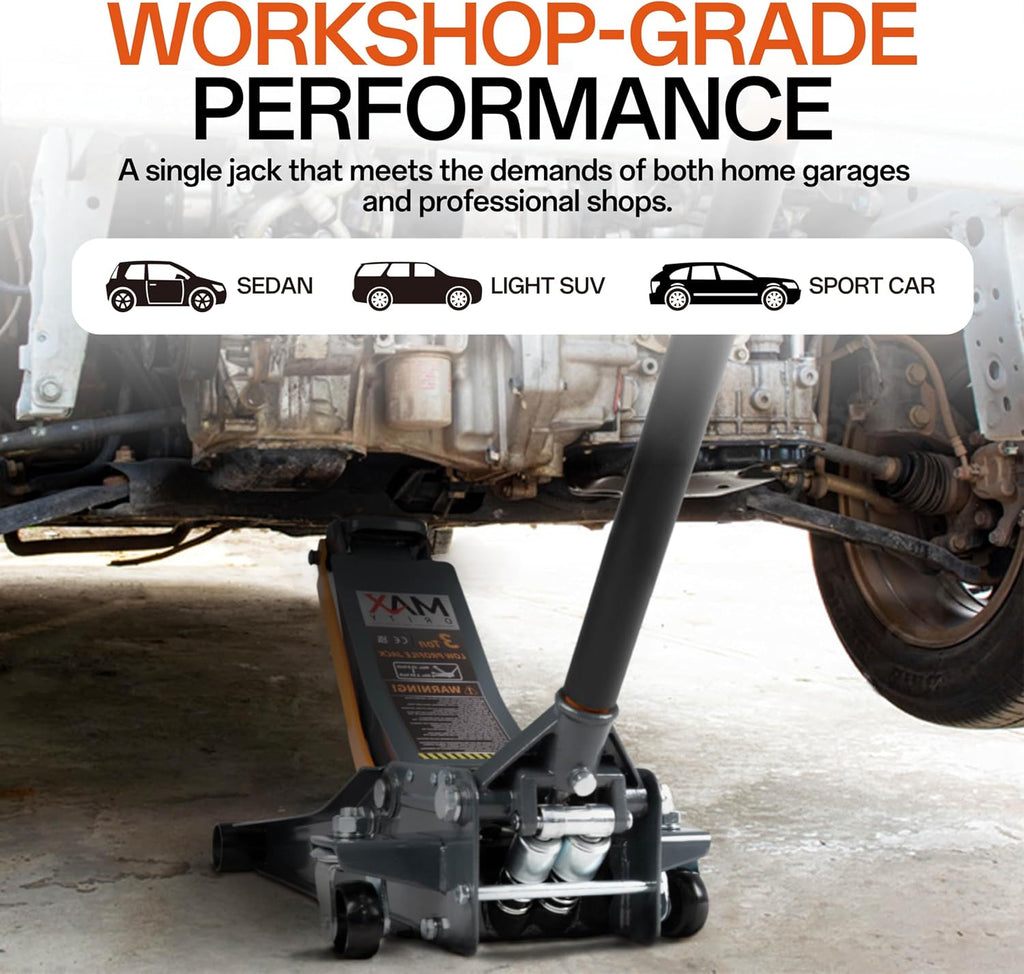 3-Ton (6600lbs) Low Profile Hydraulic Heavy-Duty Steel Floor Jack with Dual Pistons Quick Lift Pump, Home and