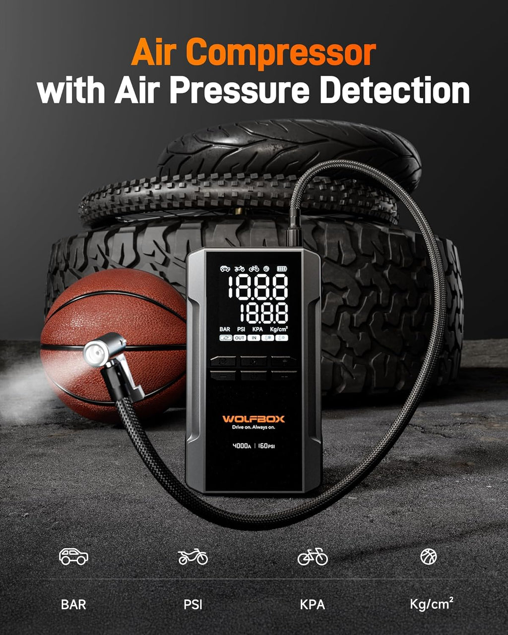 4000A Jump Starter with 160PSI Air Compressor, 12V Car Battery Booster, 88.8Wh Portable Jump Box (10.0 Gas/10.0L