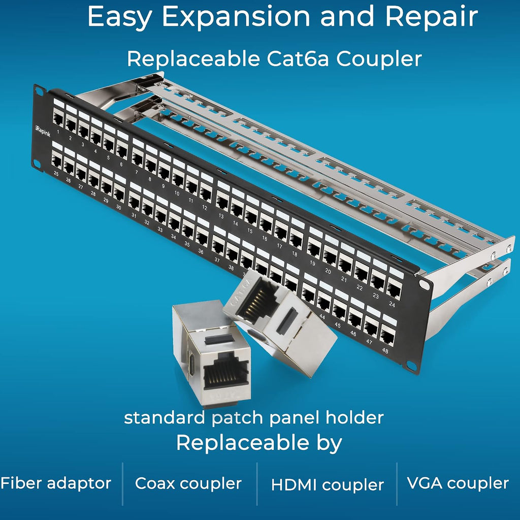 Patch Panel 48 Port Cat6A with Inline Keystone 10G Support, Coupler Patch Panel STP Shielded 19-Inch with Removable