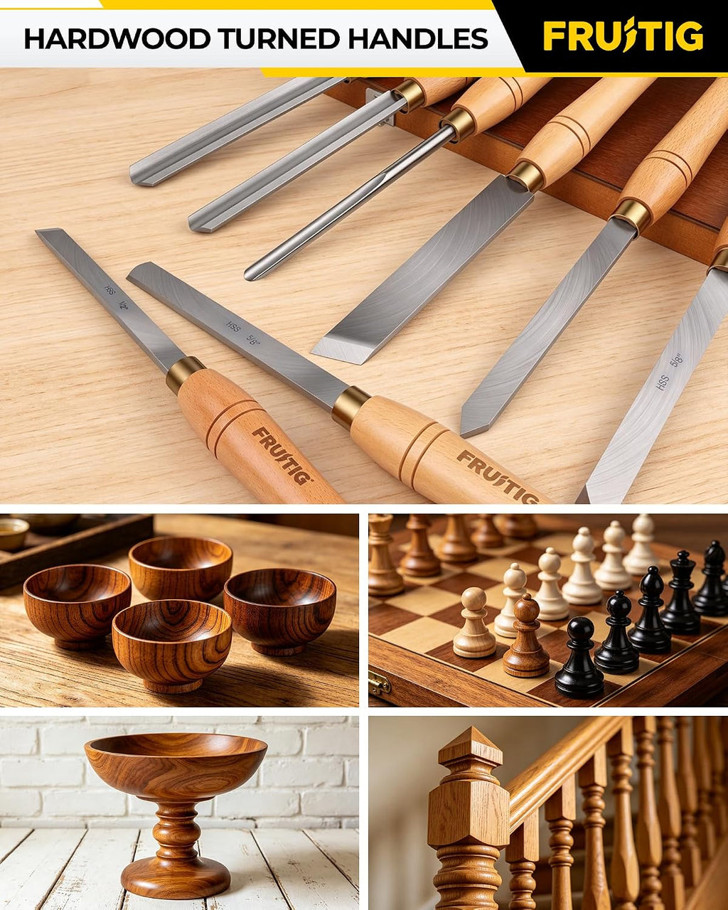 8pc Lathe Chisel Set, M2 HSS Wood Turning Tools for Beginners | Woodworking lathe tool kit for beginners, 10" solid