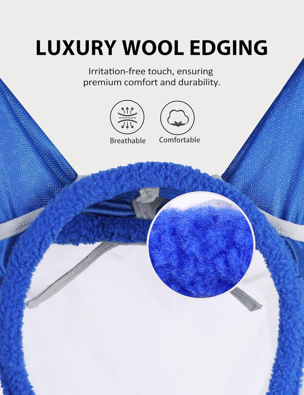 CareMaster Horse Fly Mask UV Protective Fine Mesh with Extra Wool Soft Touch on Skin Champion Blue-Silver L