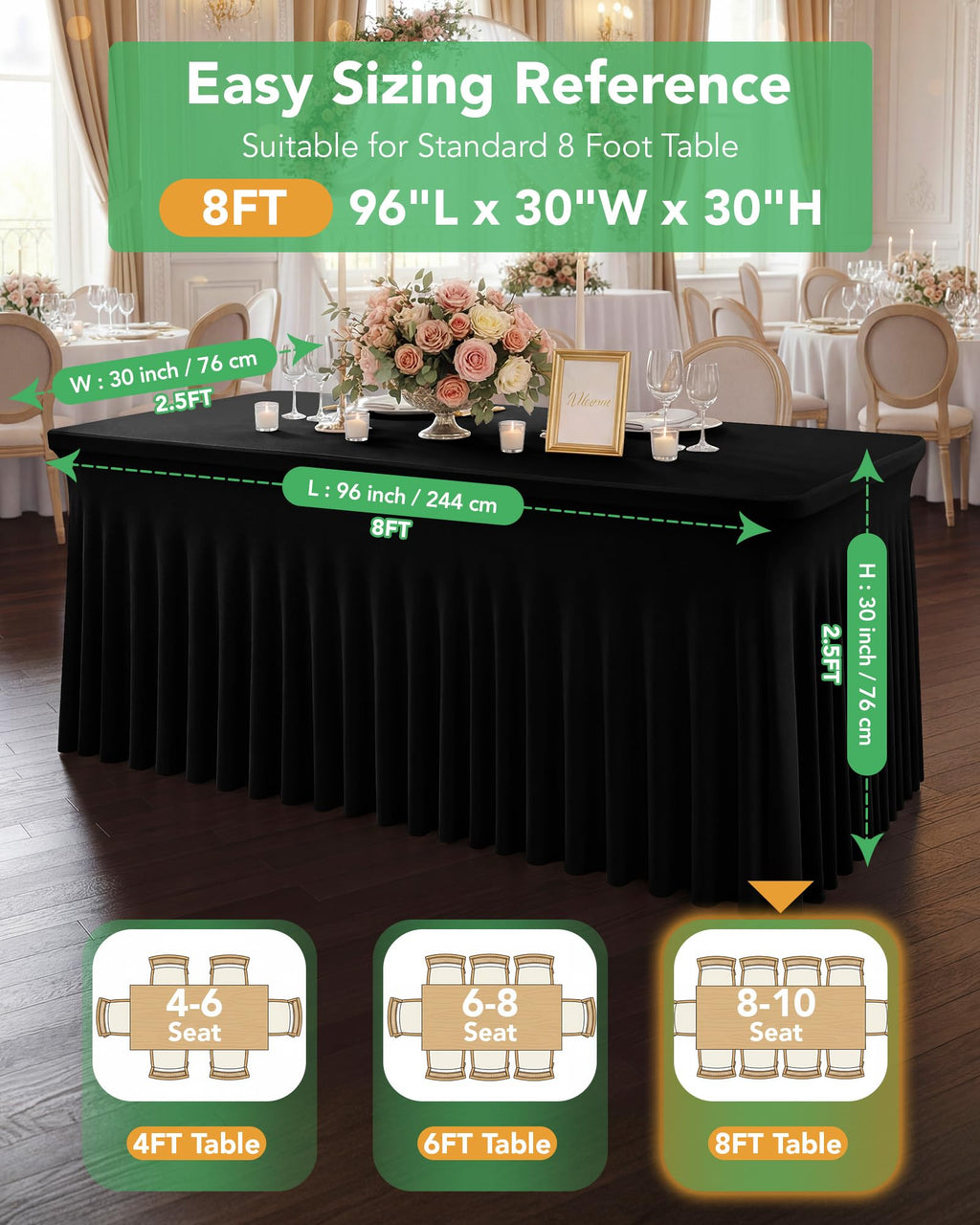 Spandex Table Cover Skirts with Floor-Length Ruffle, 8 ft, Black, 4 Pack