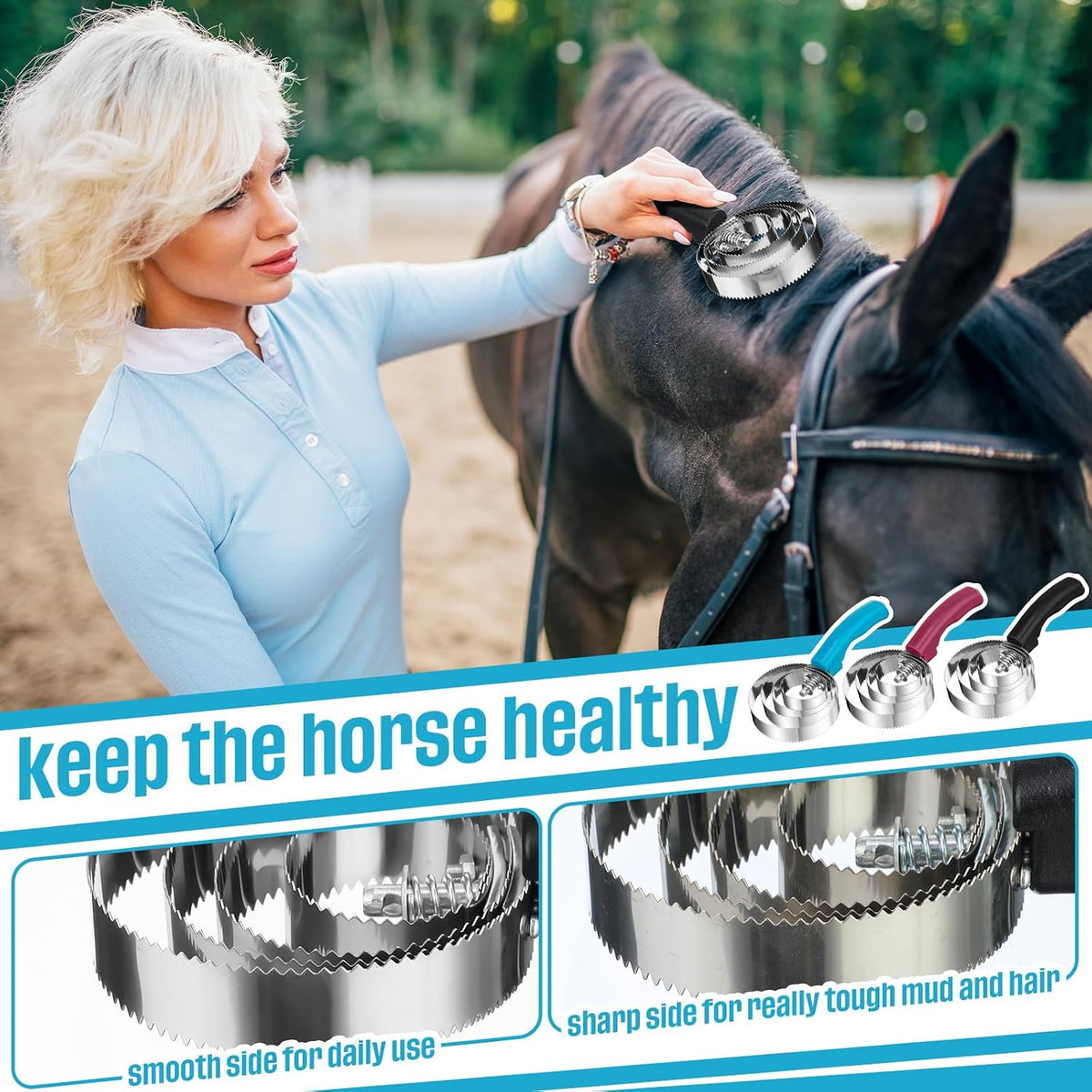 12 Pack 4 Rings Curry Comb Metal Horse Brush Reversible Stainless Steel Horse Brush Scraper with Comfortable Grip for