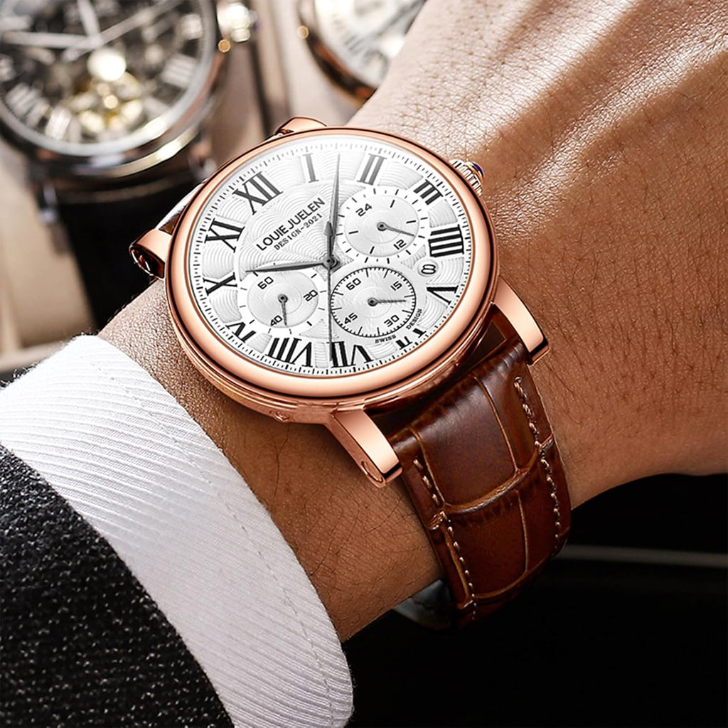 Men's Business Watch, Chronograph Quartz Analog Watch, Leather Strap | Stainless Steel, Roman numerals, Analog