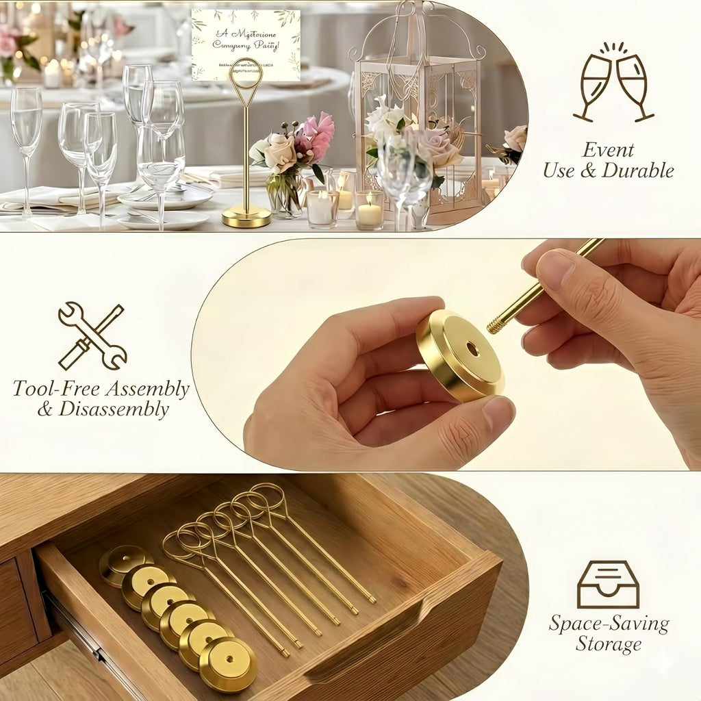 16 Pcs Gold Table Number Holders, 6-Inch Stable Place Card Holders with Non-Slip Base, Metal Photo Stands for Wedding