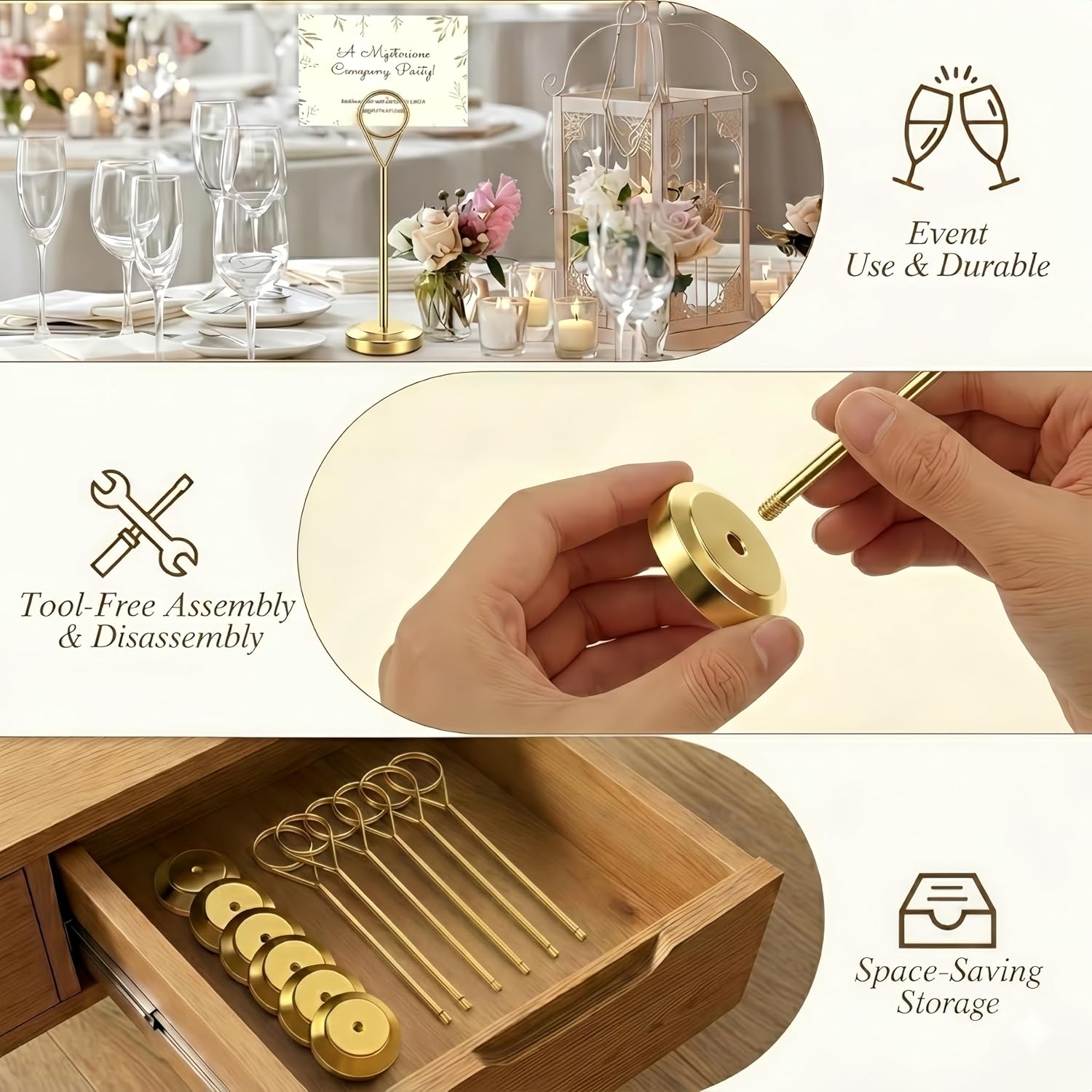 16 Pcs Gold Table Number Holders, 6-Inch Stable Place Card Holders with Non-Slip Base, Metal Photo Stands for Wedding